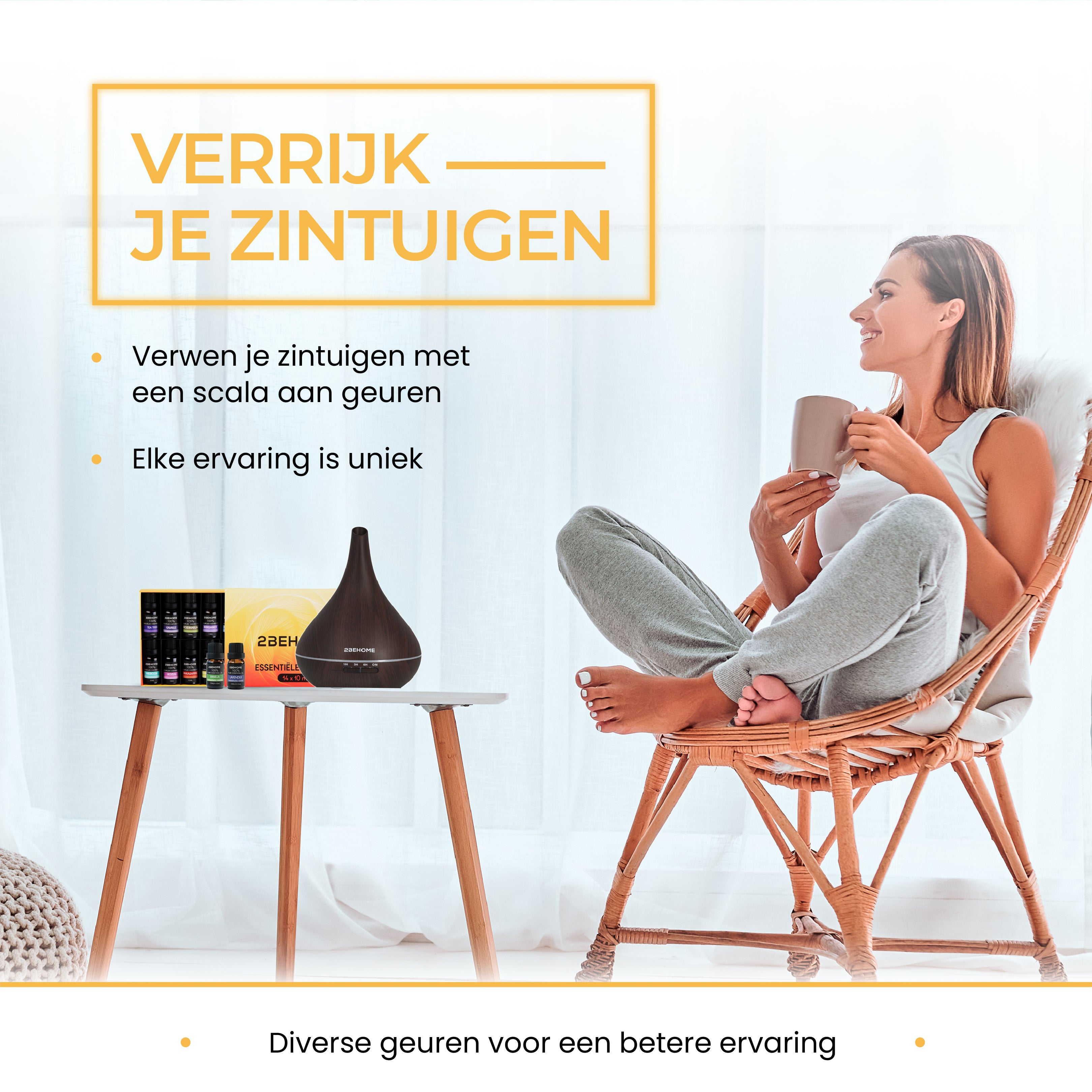 Femme assise sur une chaise buvant dans une tasse, à côté d'une table avec des huiles essentielles.