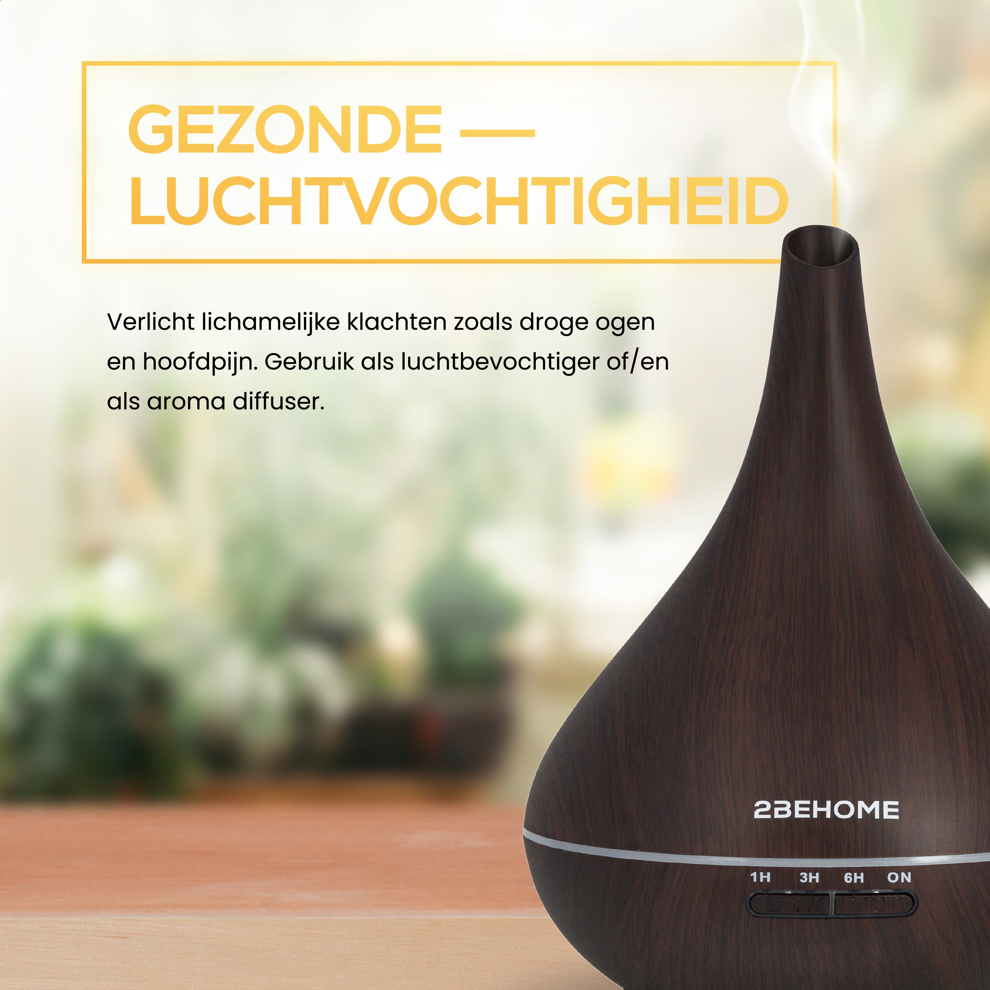 Diffuseur d'huiles essentielles marron avec une finition en bois foncé. De la vapeur sort du haut.