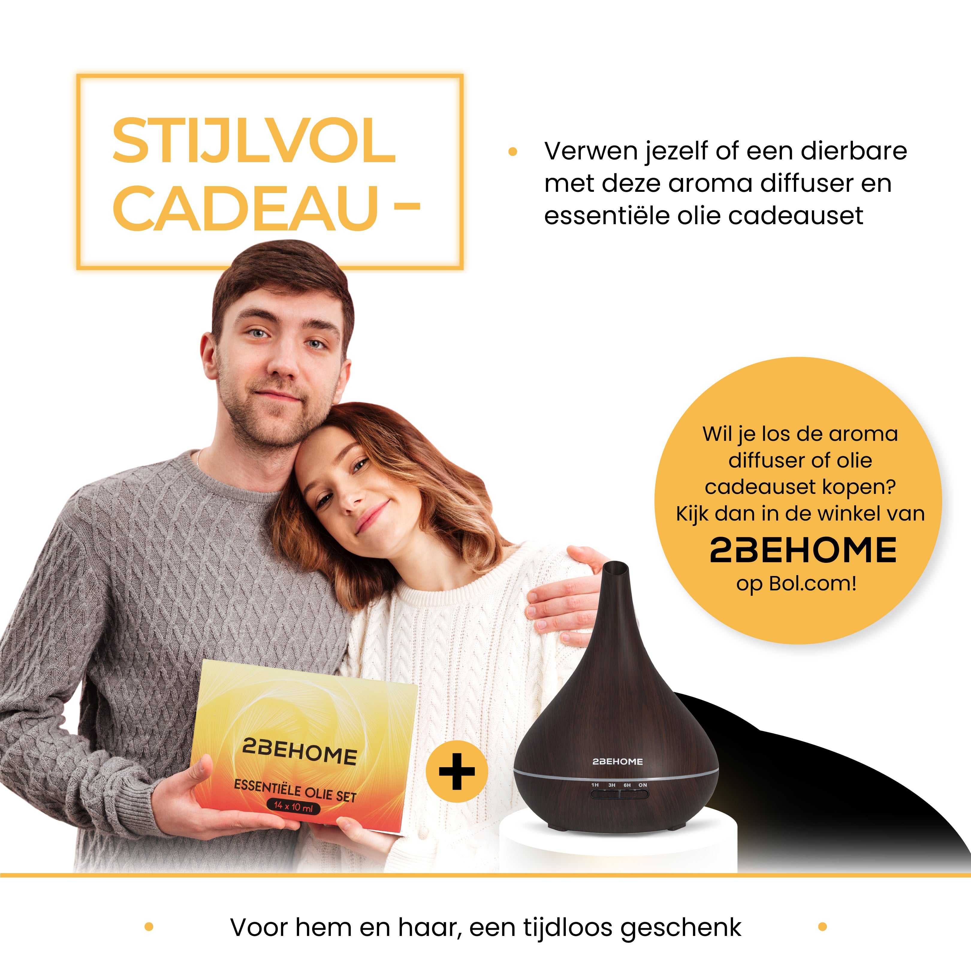Un couple tient un coffret cadeau, à côté d'un diffuseur d'arômes. Le texte dit : Cadeau élégant.