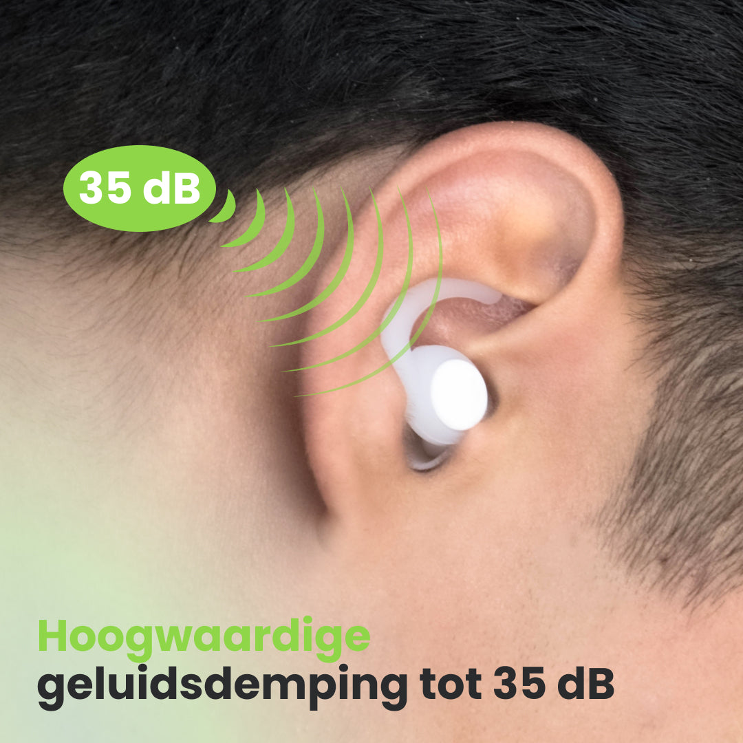 Ear with an earplug inserted. Green sound waves emanate. Text: 'High-quality sound dampening up to 35 dB'.