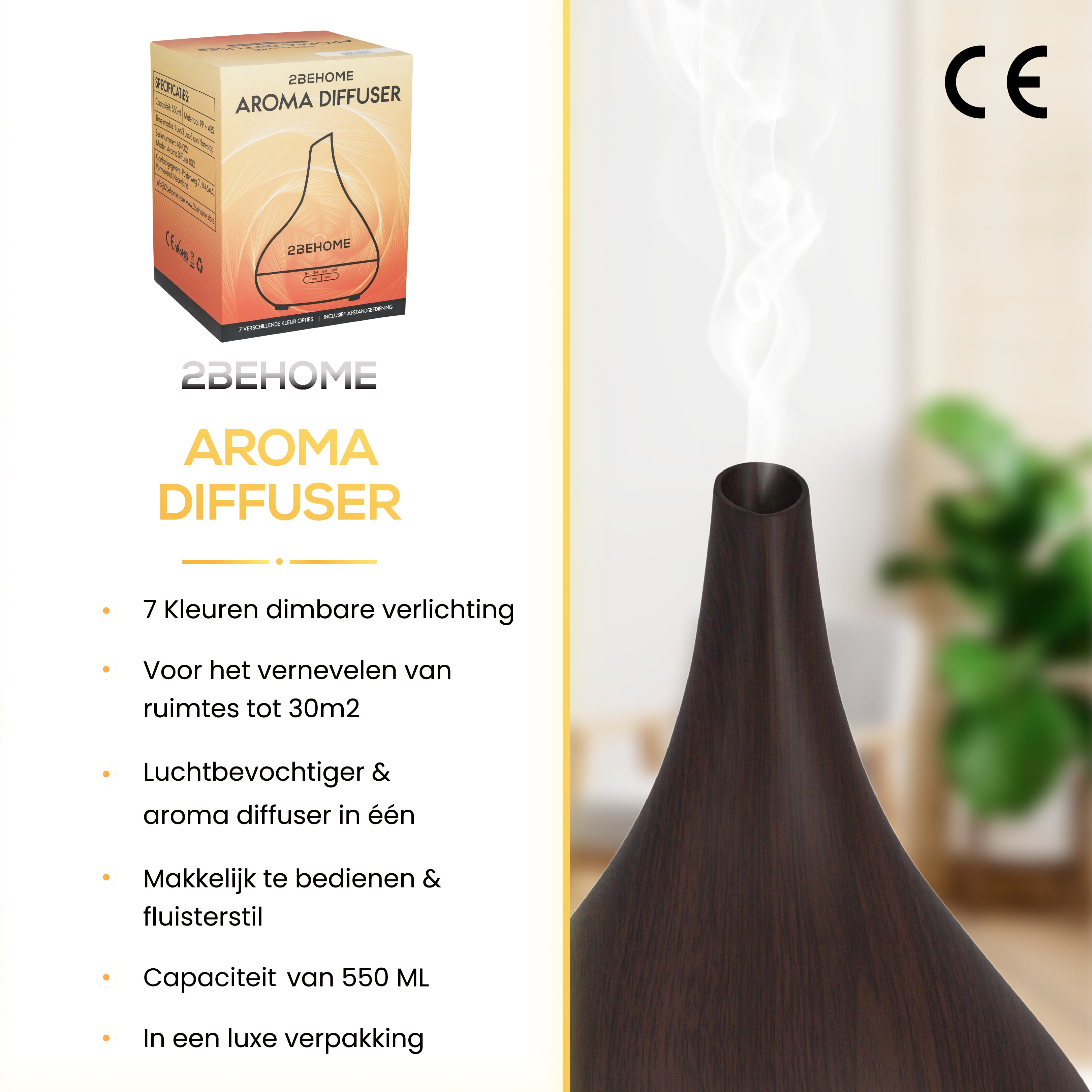 Diffuseur d'arômes avec détails du produit. Il a une finition en bois foncé et produit une brume de vapeur.