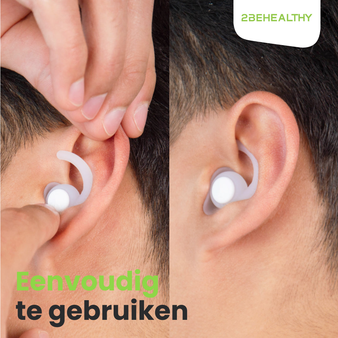 Hands inserting earplugs into ears. The earplugs are light gray and shown from different angles.