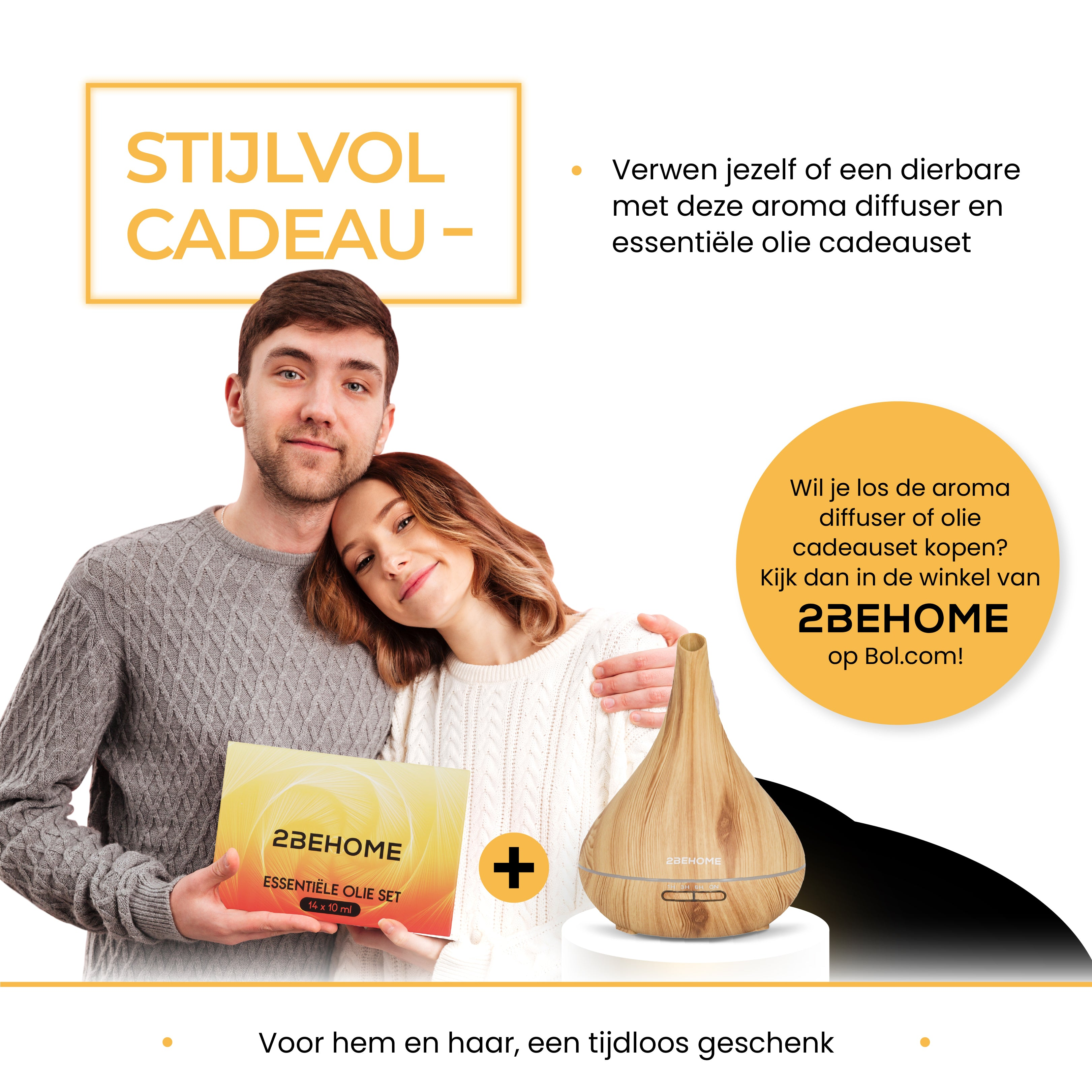 Couple with a gift box and aroma diffuser. Text says: stylish gift for him and her.