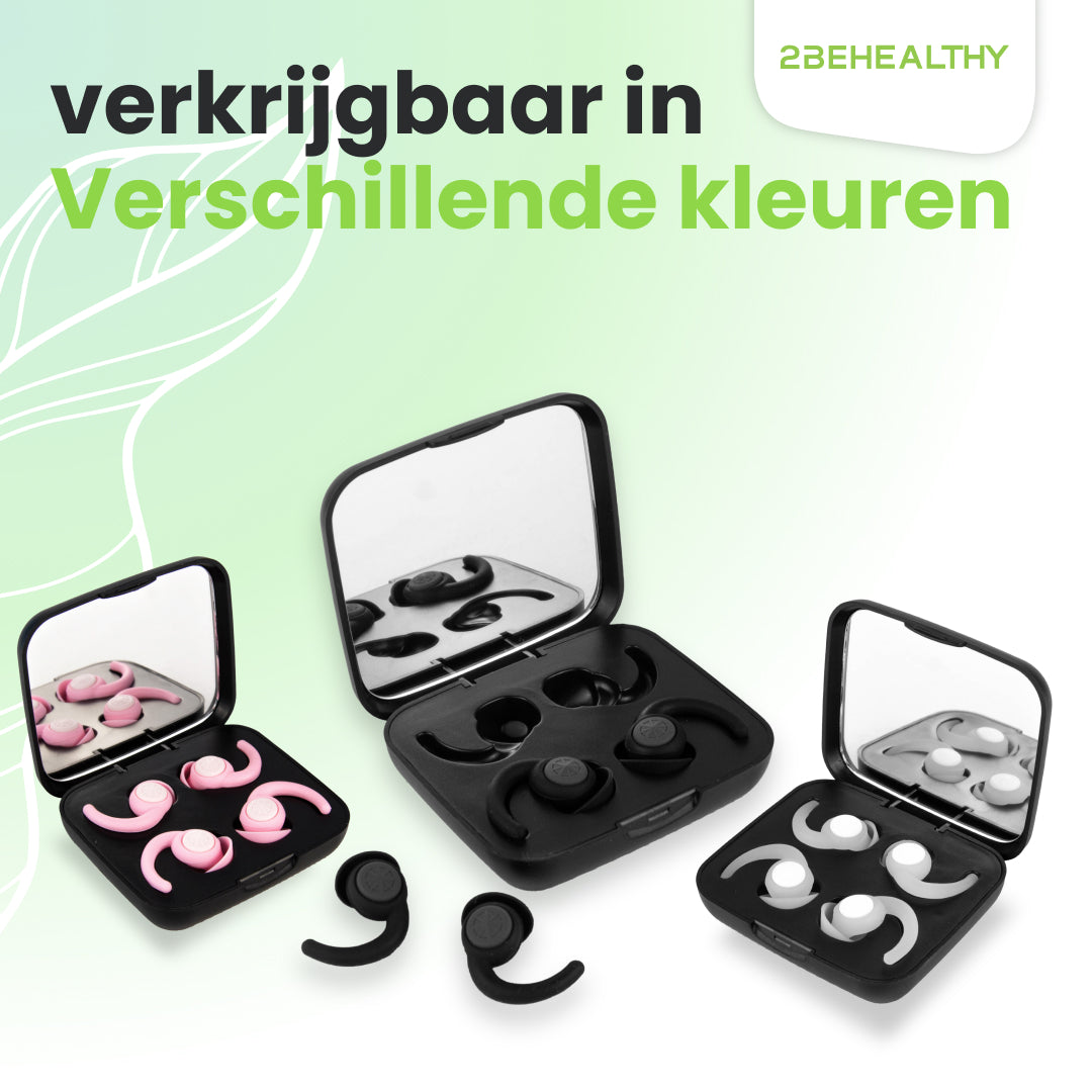 Earplugs in cases are displayed in black and pink. The text says available in different colors.