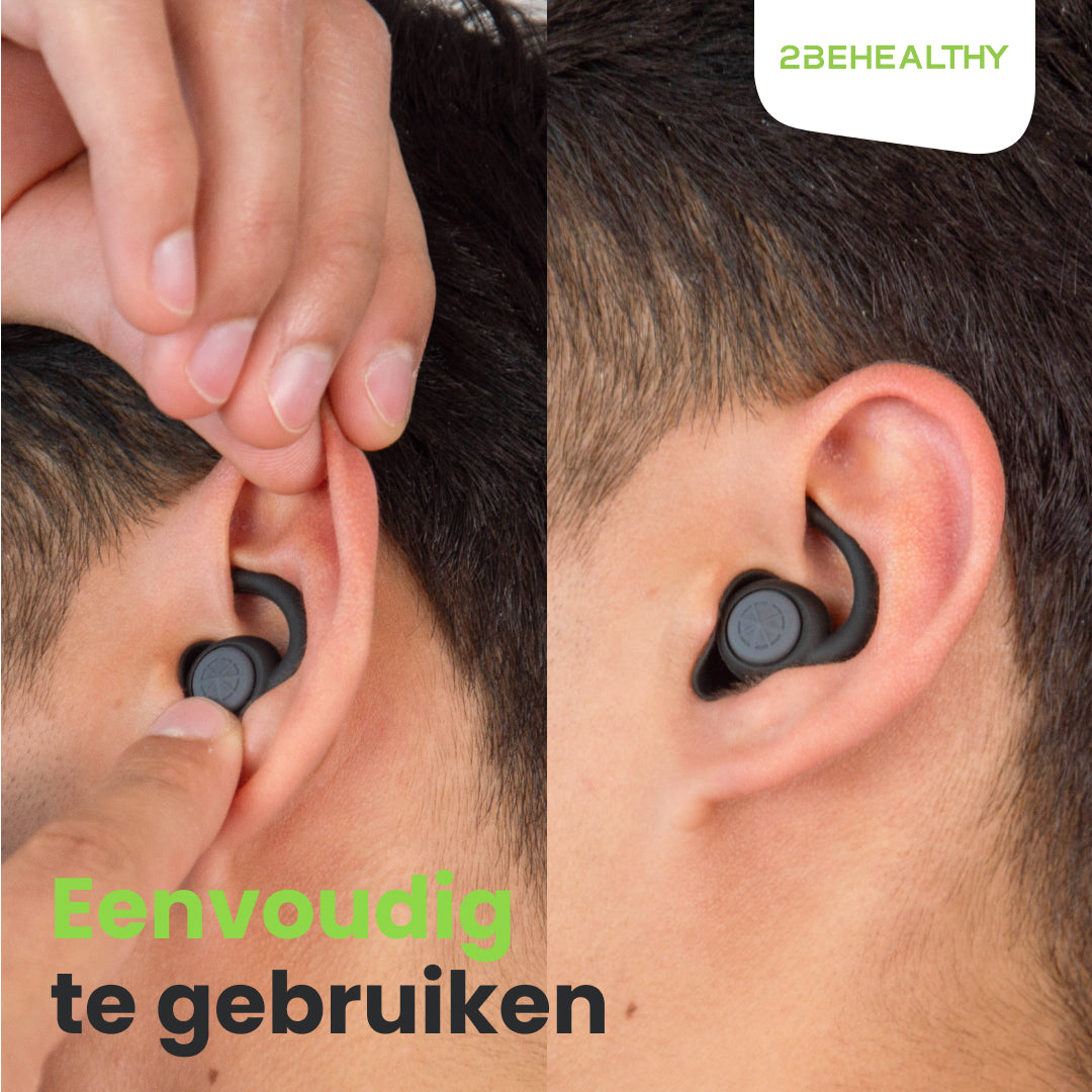 Person inserting earbud. Close-up of ear. Text: easy to use.