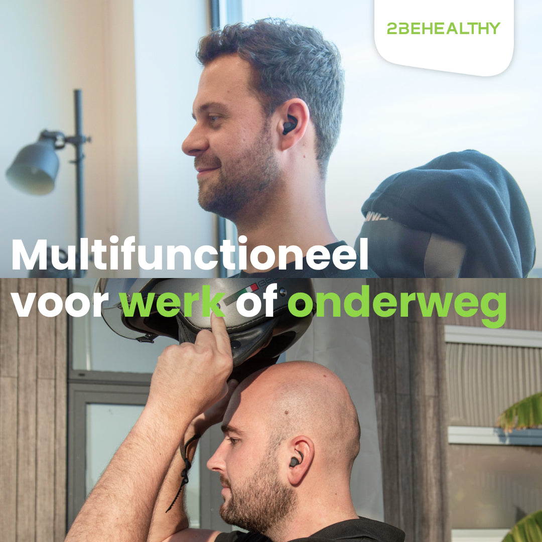 Two men wearing earbuds. One is putting on a helmet. Text says, "Multifunctional for work or on the go."