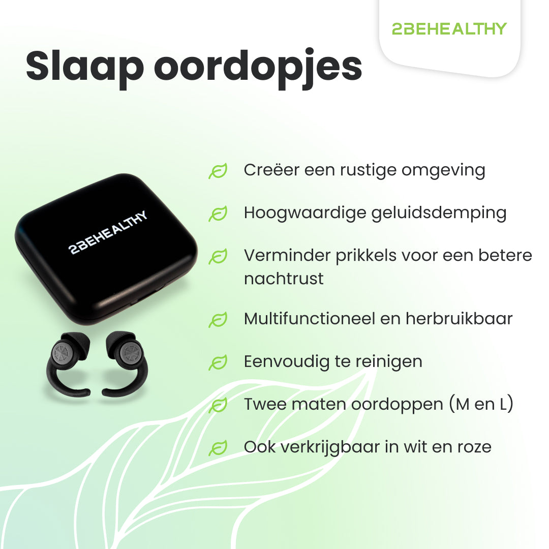 Black earplugs in a black case with text. Green icons and text on a light green background.