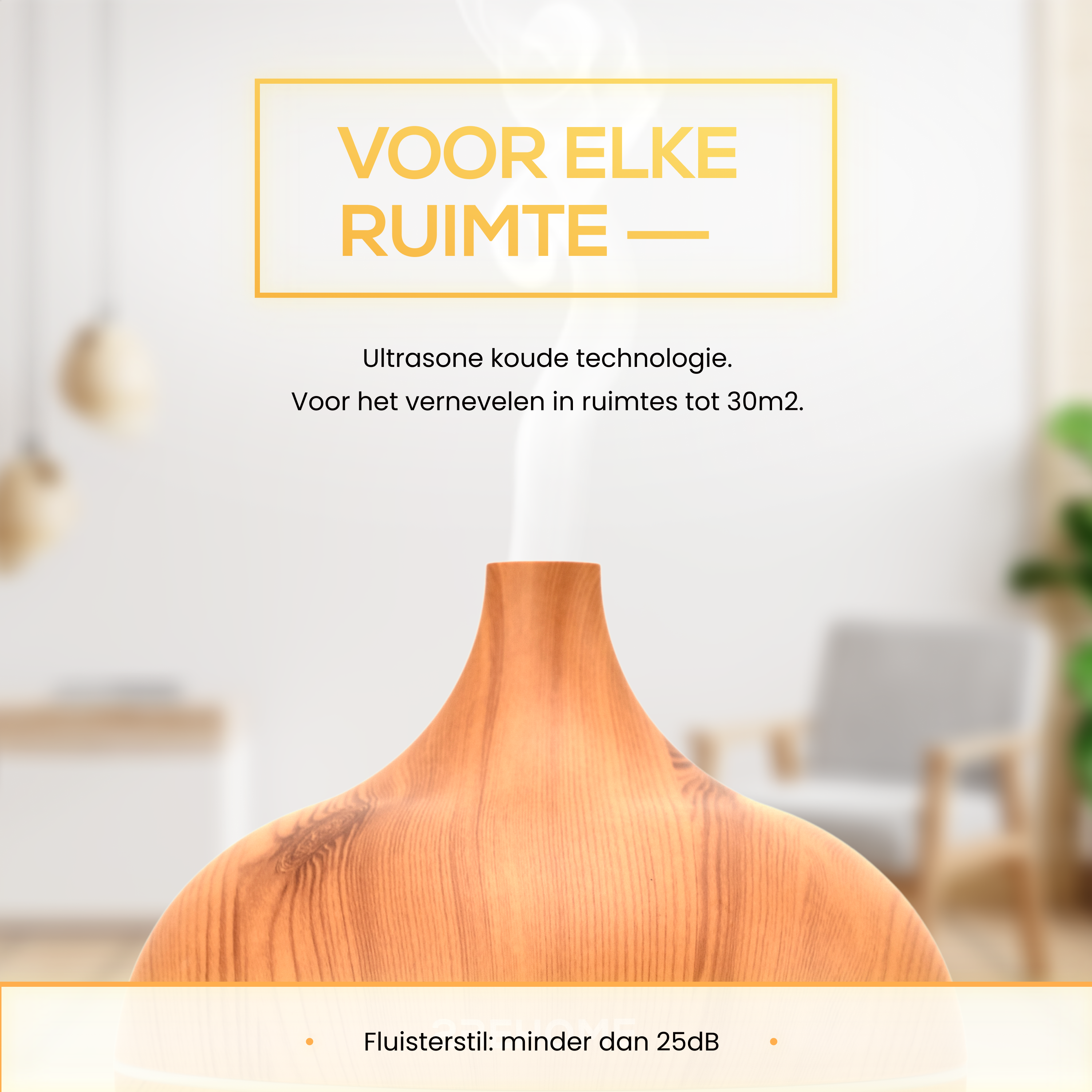 Diffuser close-up, text in Dutch with a blurred background.