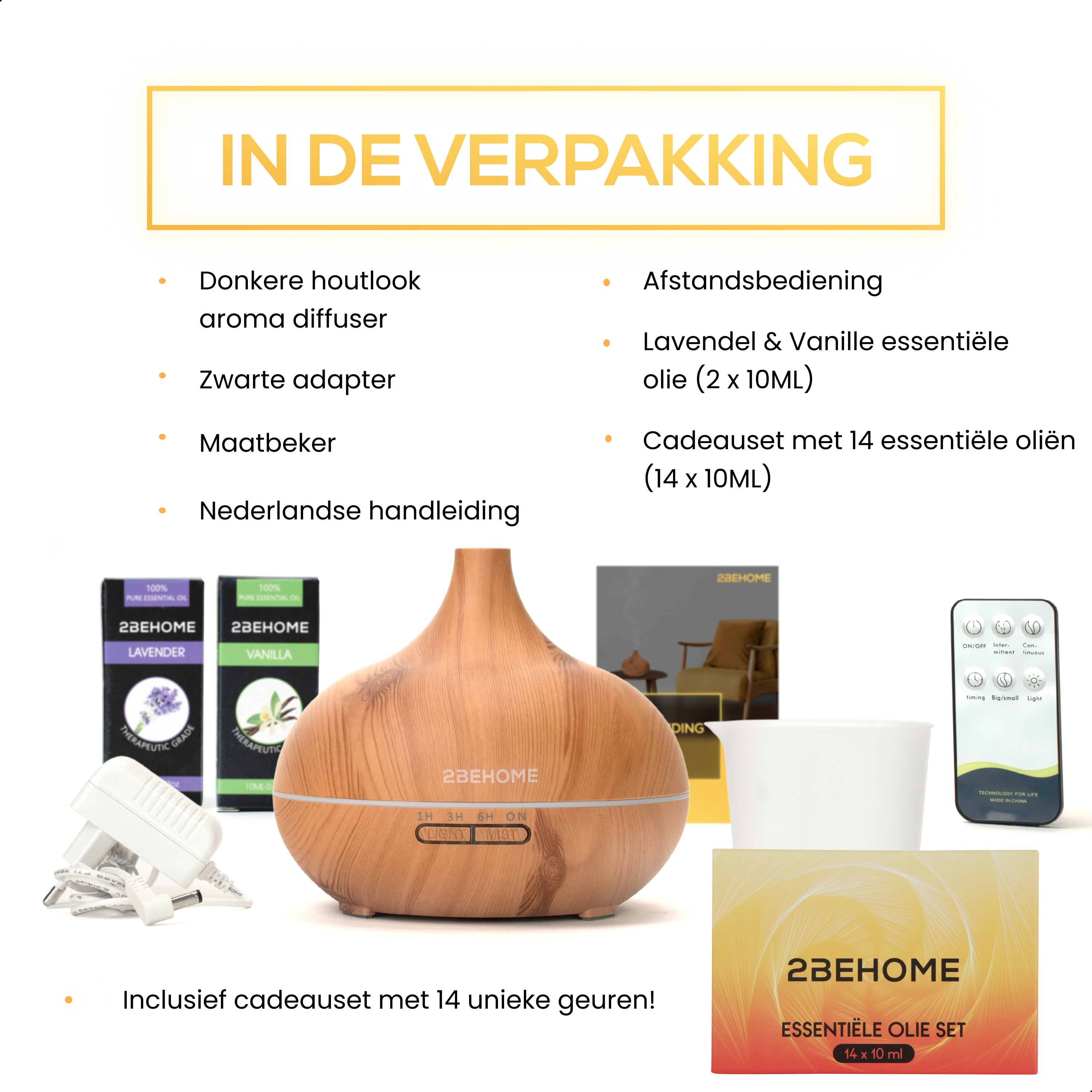 Wooden aroma diffuser, essential oil bottles, remote, and accessories are displayed.