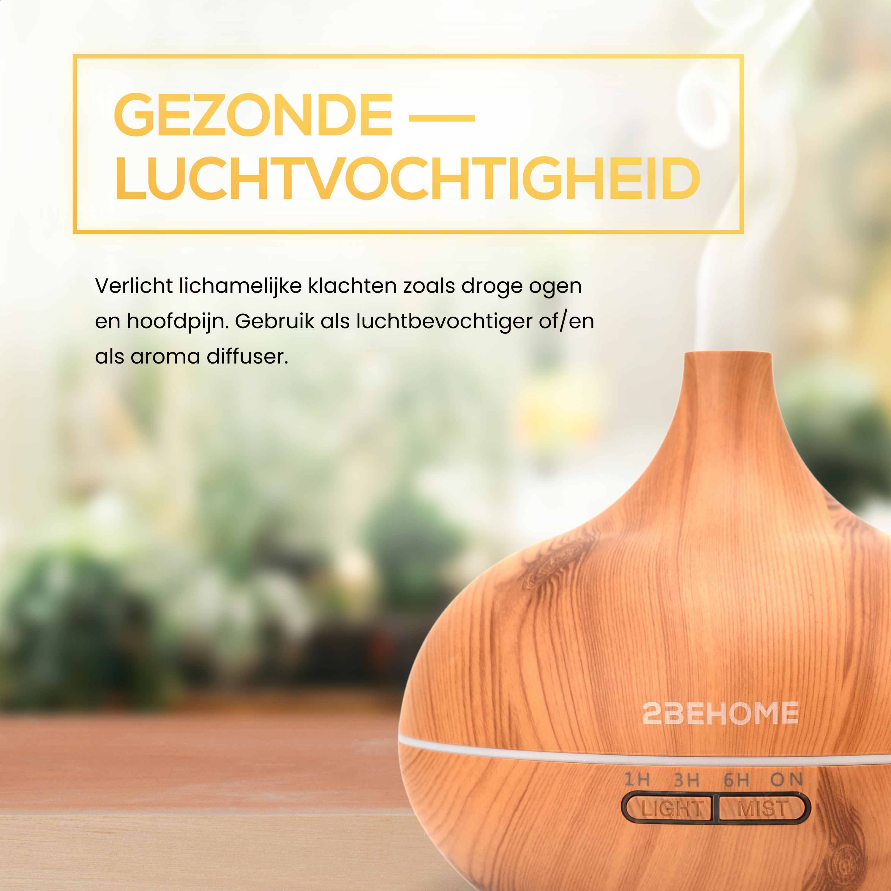 A wooden-look aroma diffuser with a control panel and mist coming out. Background is out of focus.