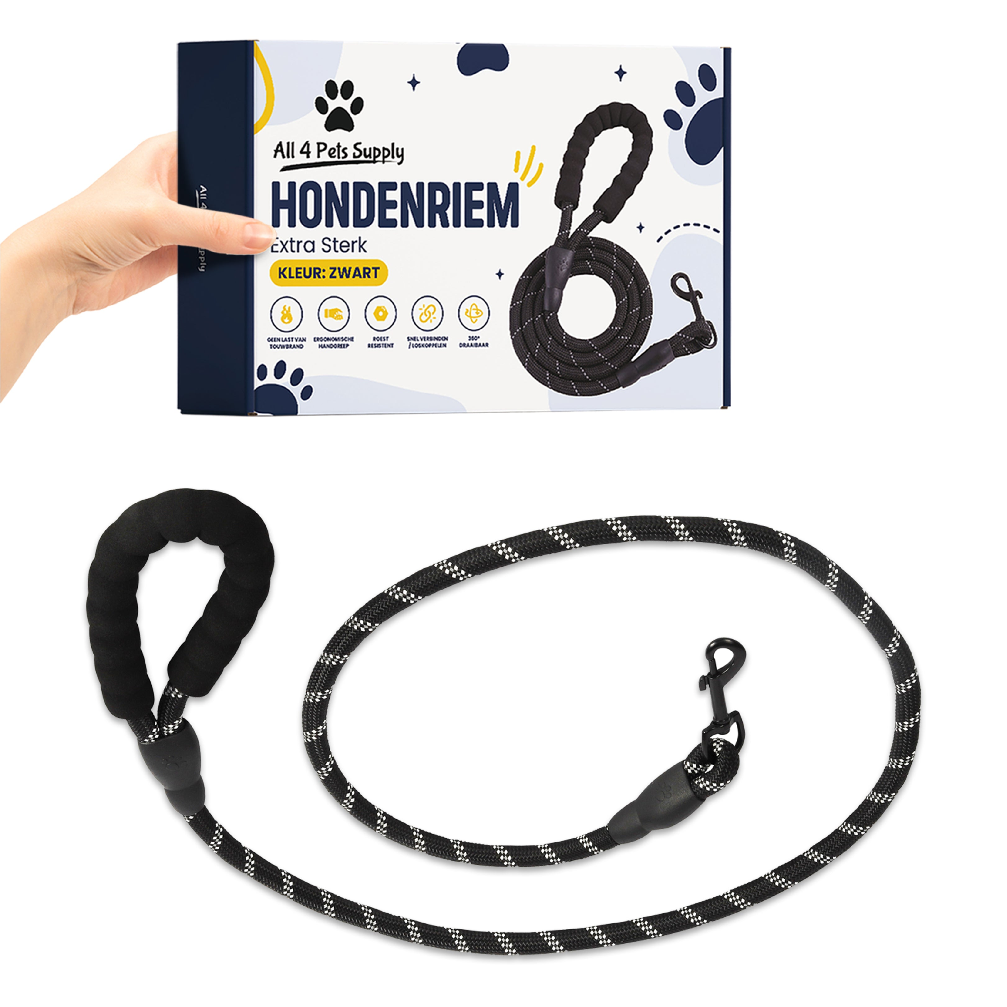 Black and white dog leash with a handle and a hook. A box shows the leash and a hand.