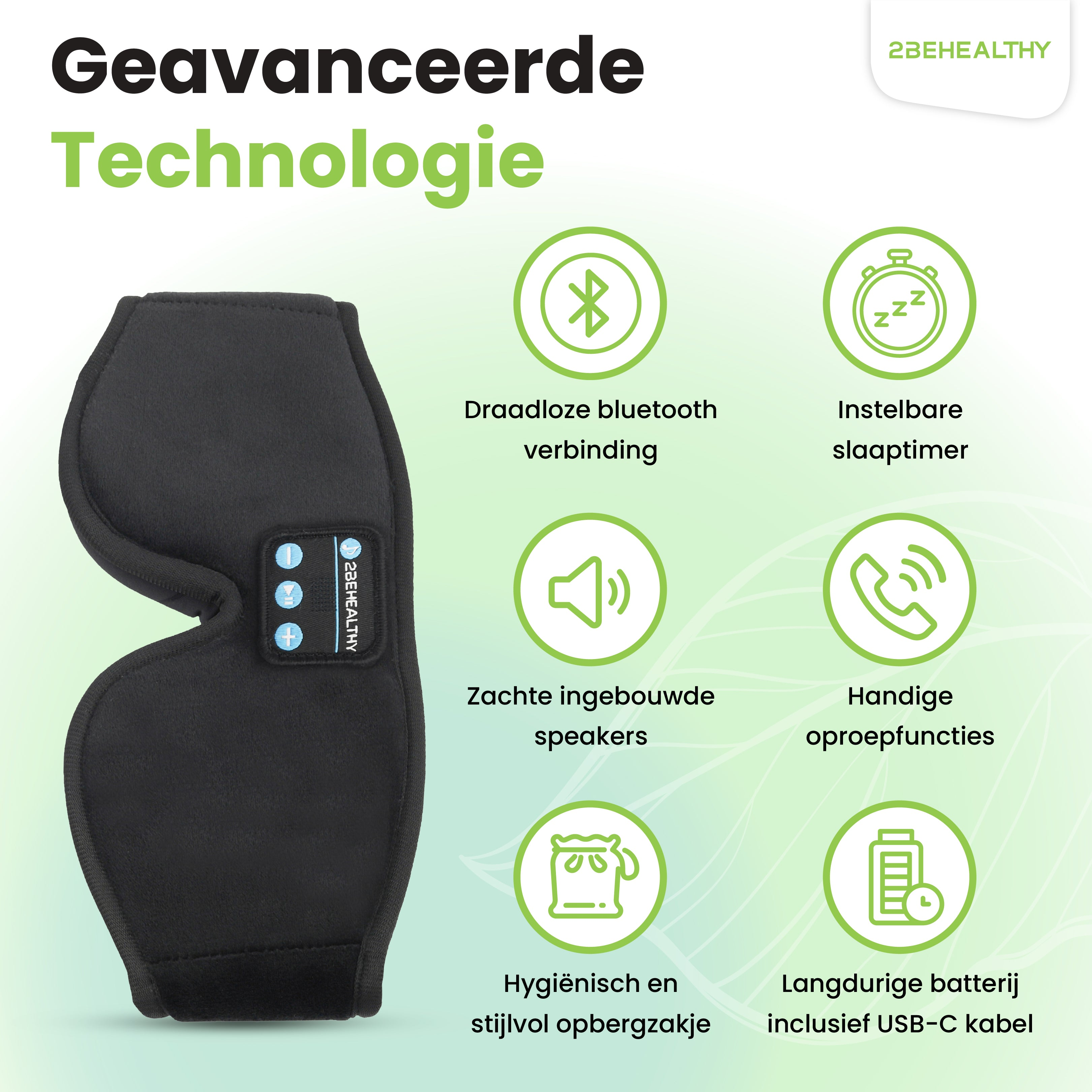 Schwarze Augenmaske mit Bluetooth-Funktionen. Symbole zeigen ihre Funktionen und Eigenschaften.
