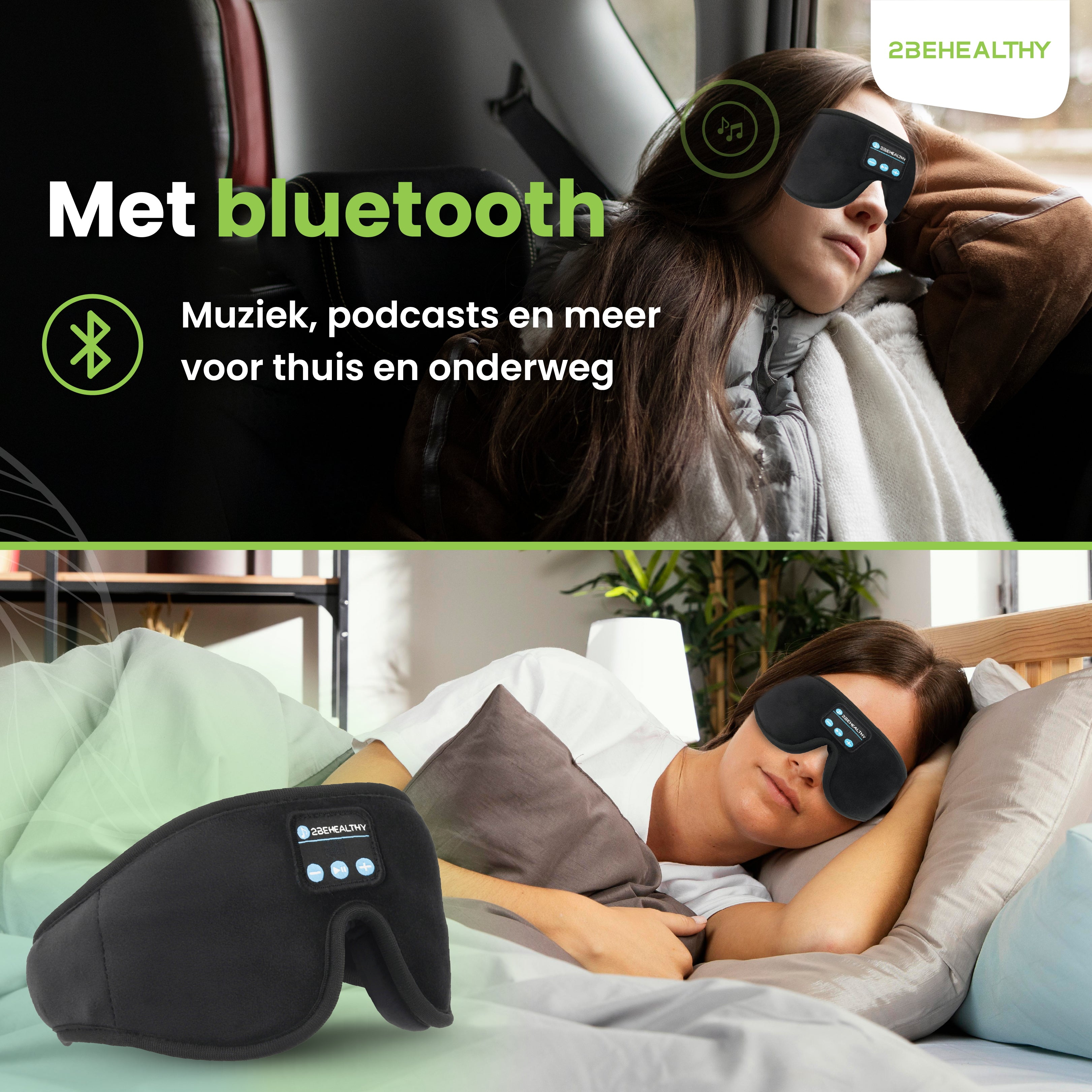 Person trägt Schlafmaske, Produktdetail. Bluetooth-Schlafmaske mit Musik und Podcasts.