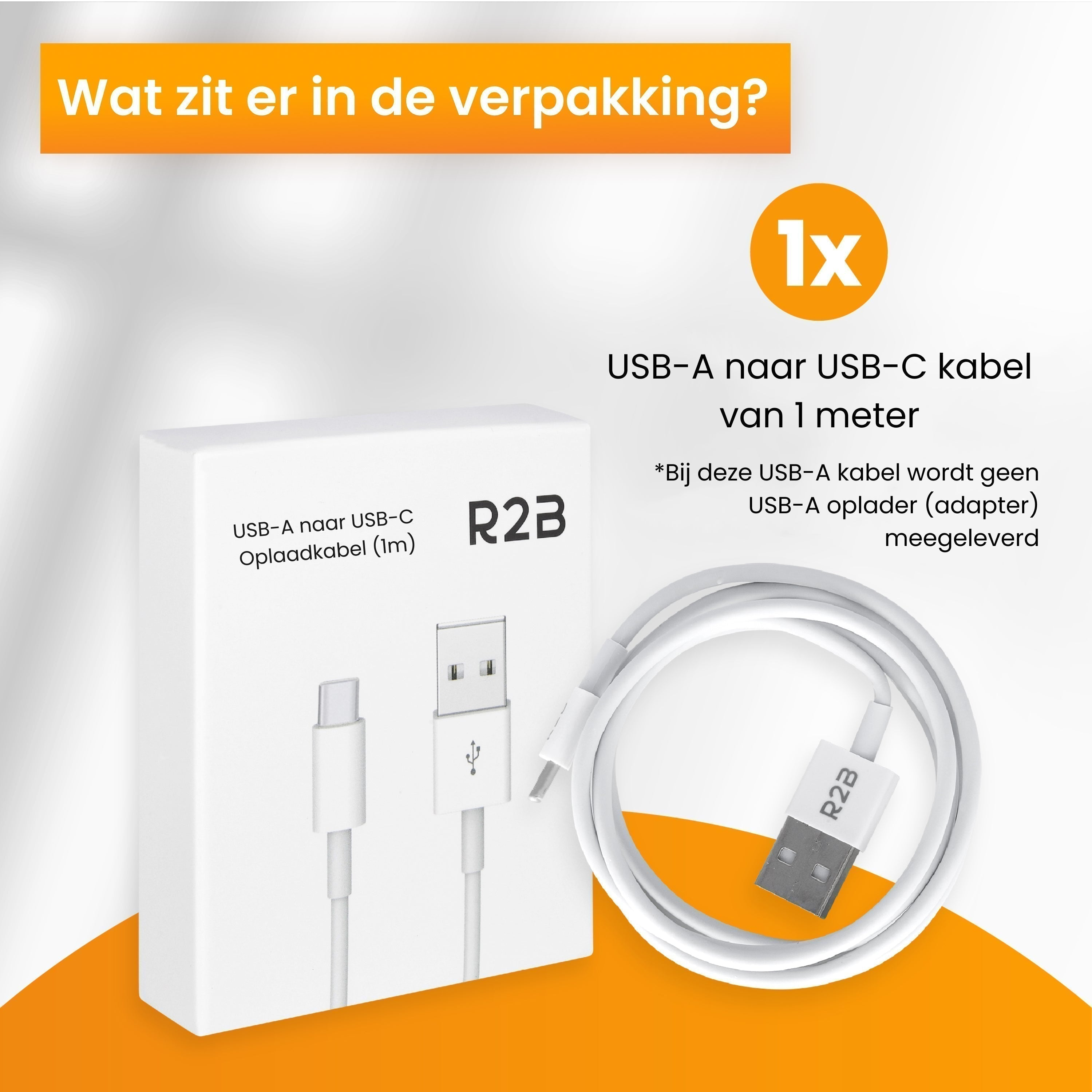 Eine weiße Schachtel mit einem USB-A-zu-USB-C-Kabel, beschriftet und mit USB-A-Ende gezeigt.