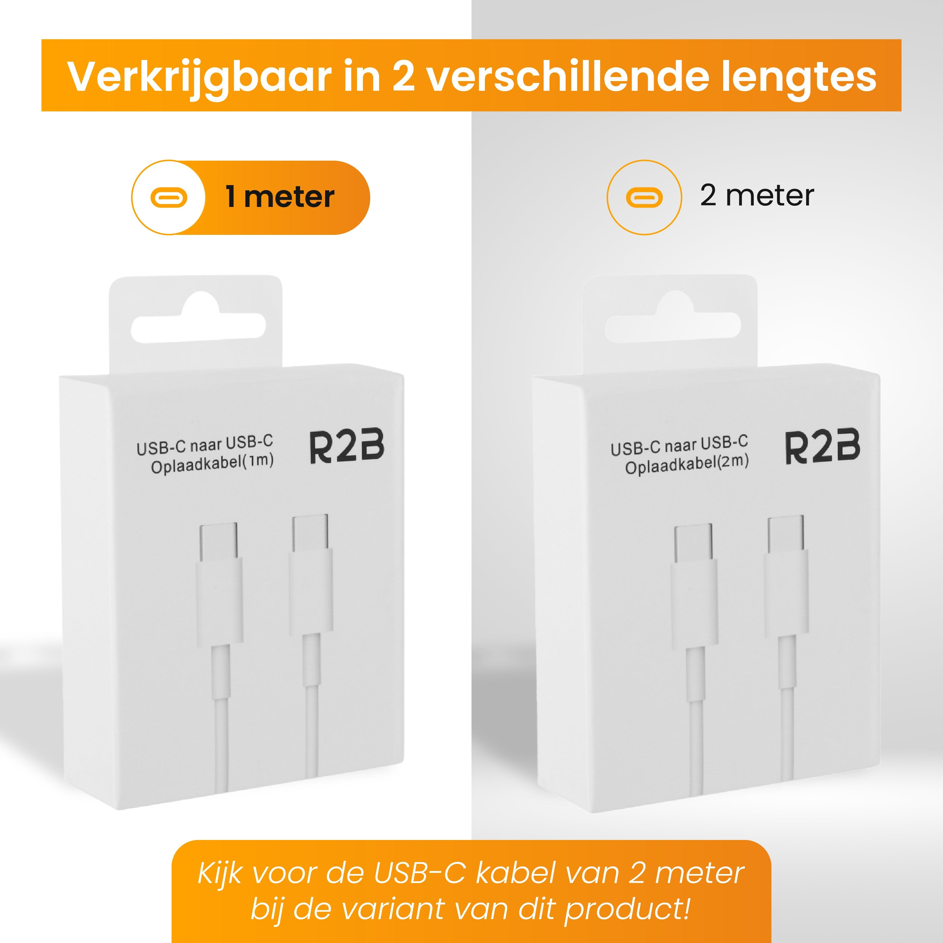 Two USB-C cables in packaging. One is 1 meter, the other is 2 meters long.