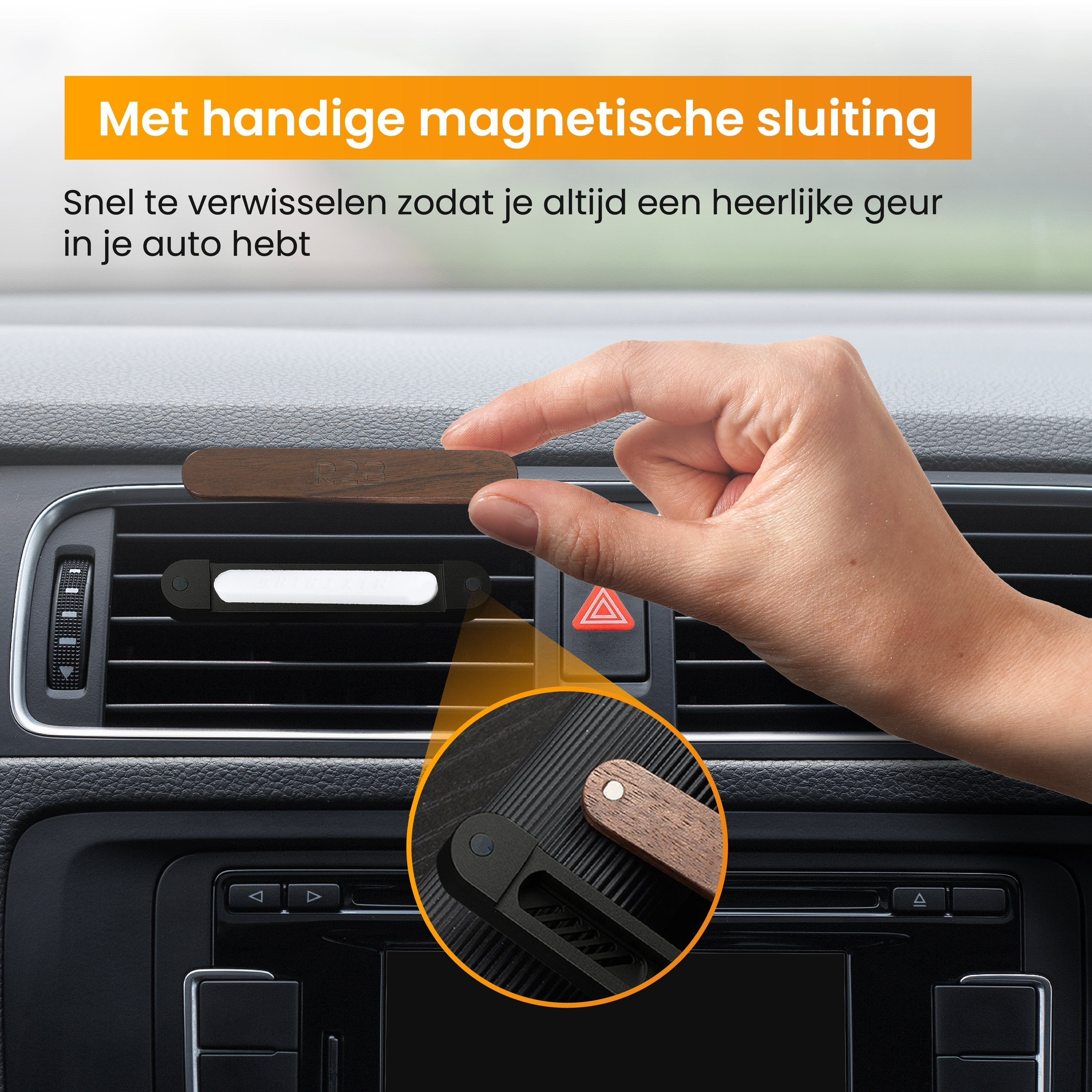 Hand holding a wooden air freshener stick, inserted into a vent. Text: Magnetic closure.
