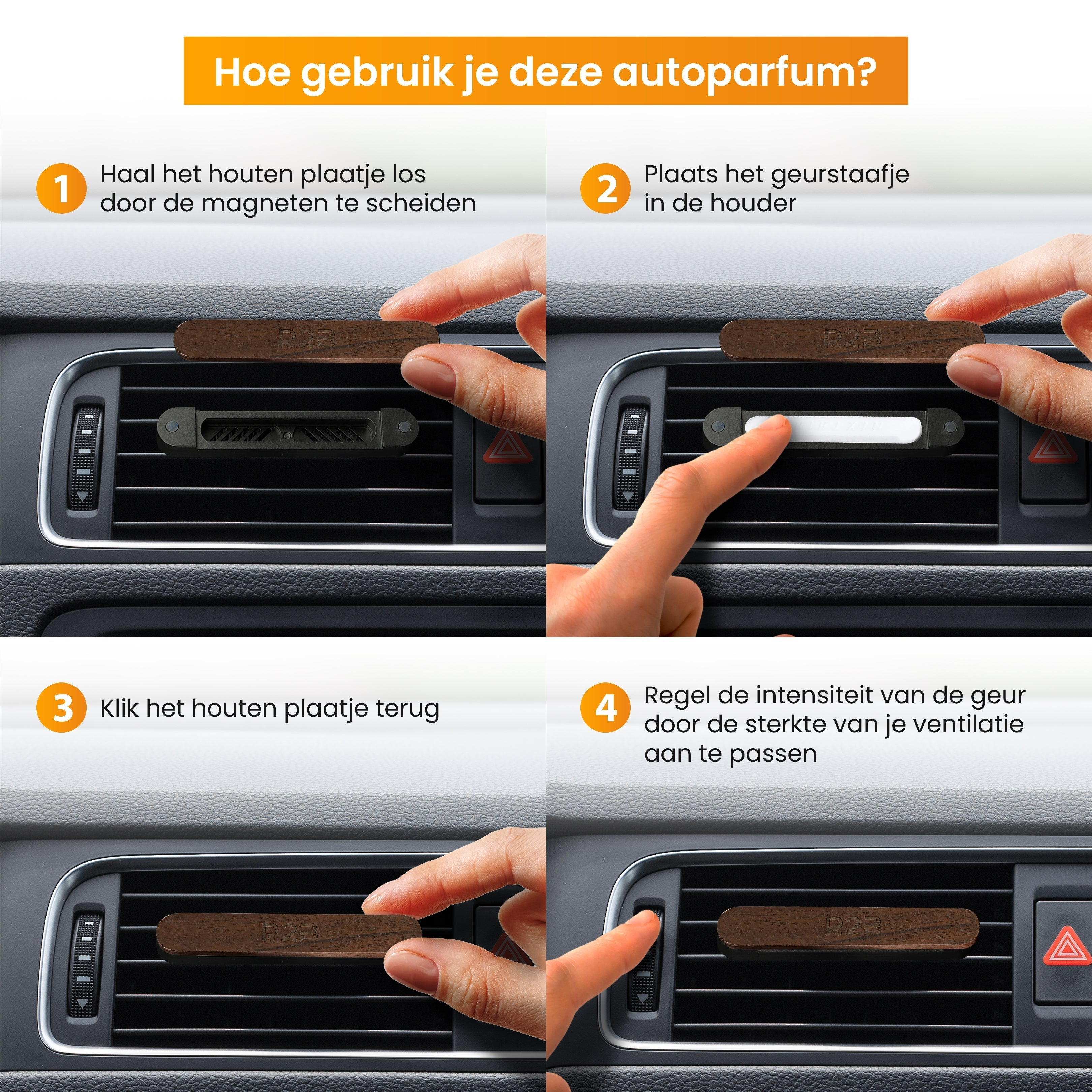 Image showing steps on how to use a car air freshener, with numbered instructions.