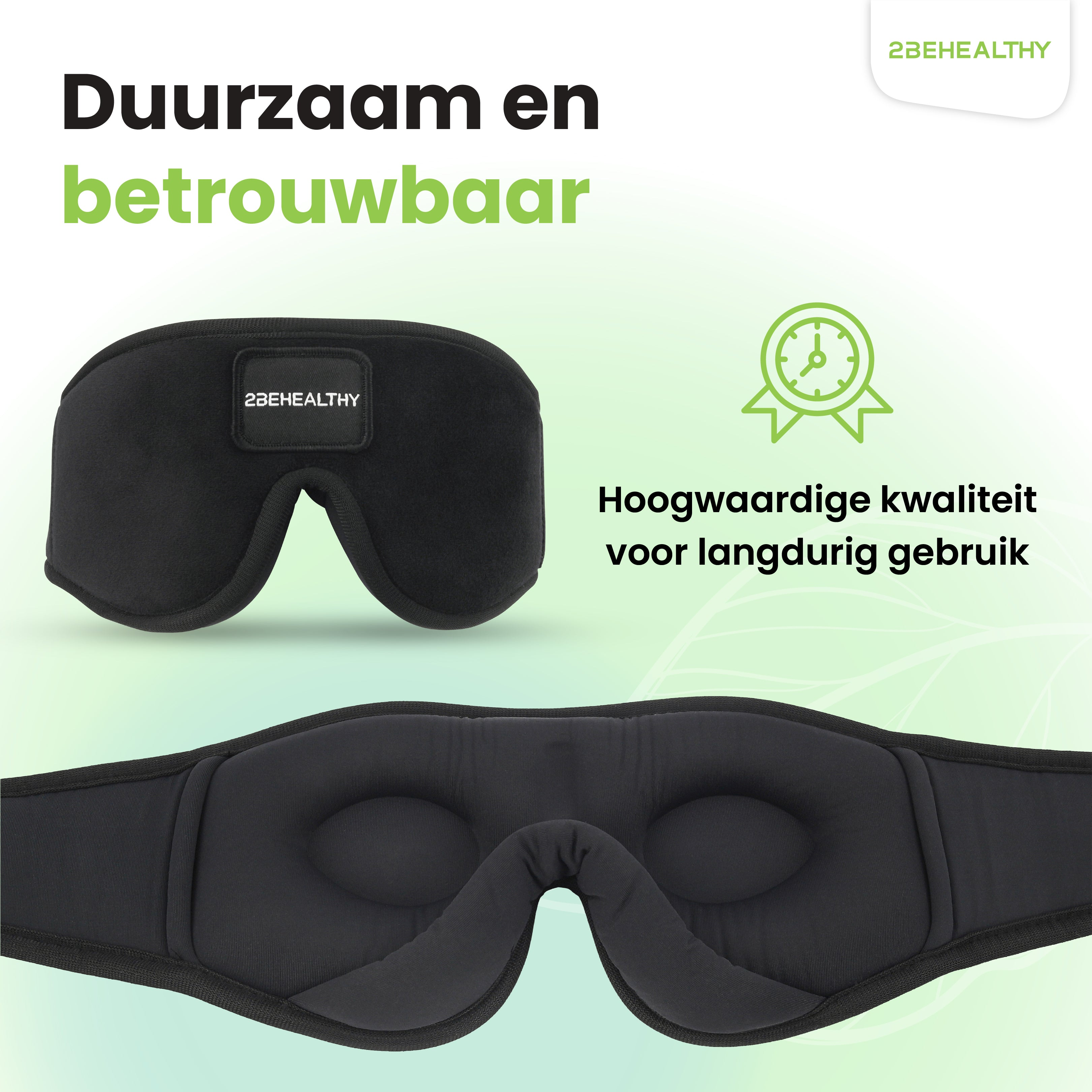 Schwarze Schlafmaske mit niederländischem Text, auf weißer Oberfläche, grüne Grafik.