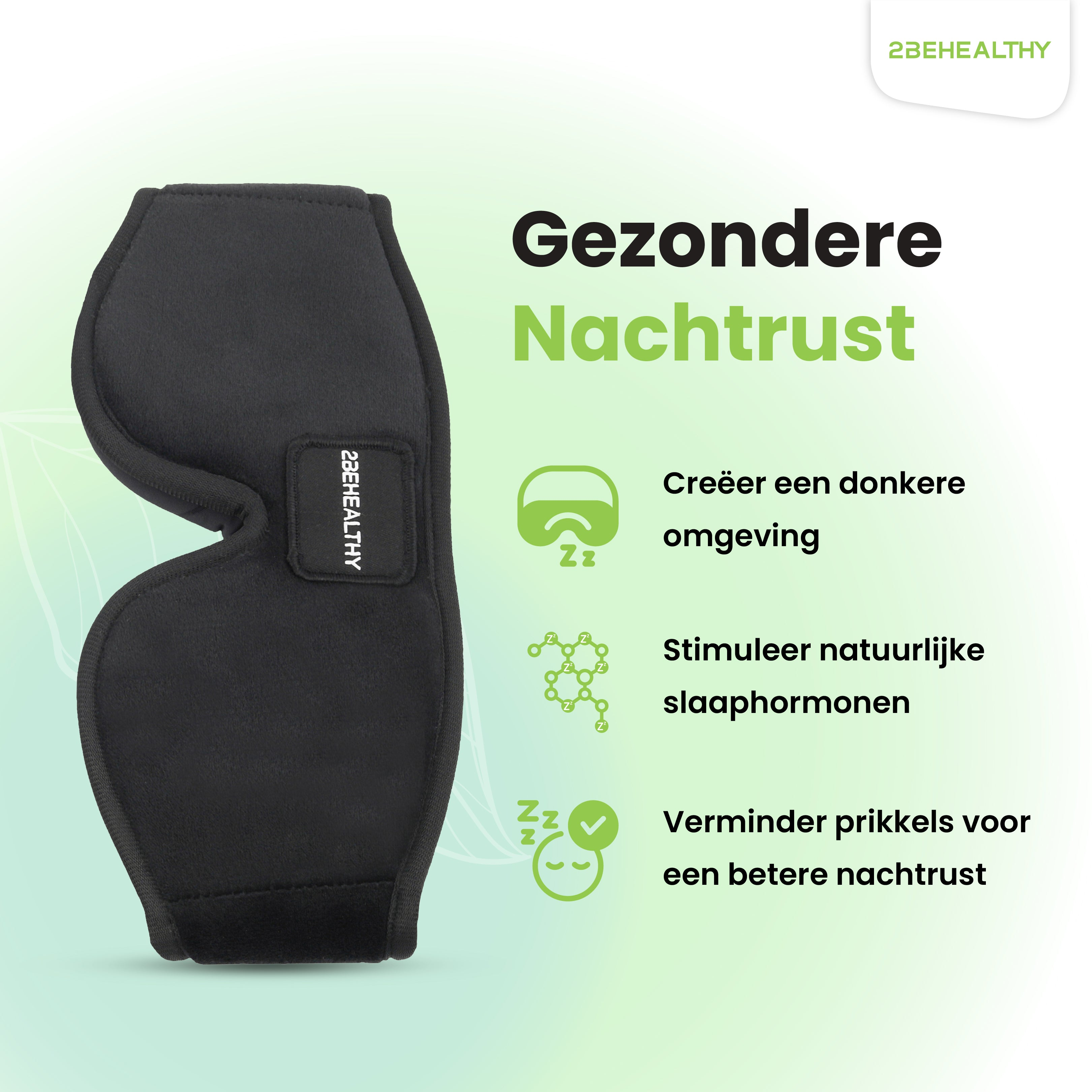Schwarze Schlafmaske mit Text und Symbolen, die Funktionen wie Dunkelheit und Schlaf anzeigen.