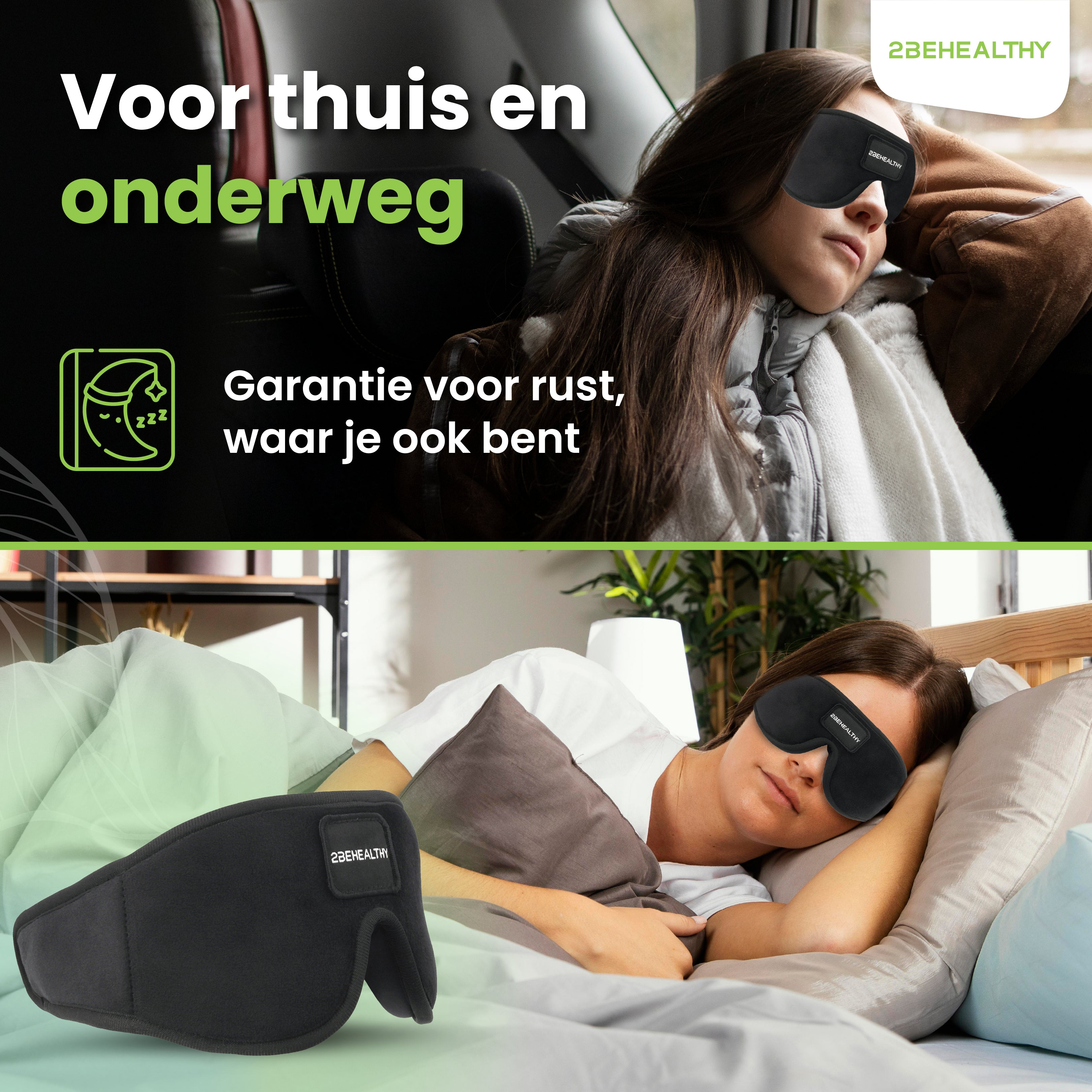 Zwei Fotos: eine Frau schläft im Auto und eine im Bett, beide mit schwarzen Augenmasken.