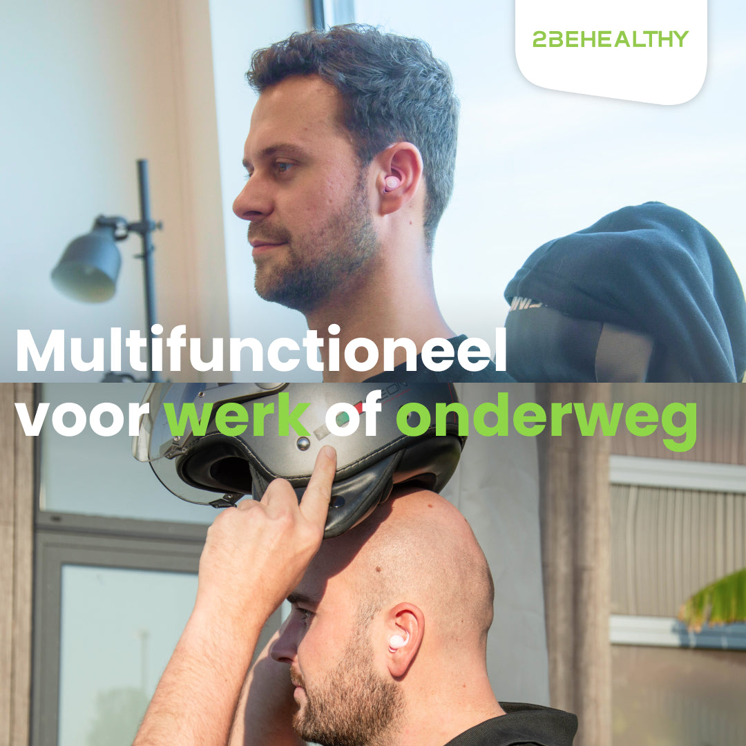 Two men wearing earplugs, one is wearing a helmet. Text: Multifunctional for work or travel.
