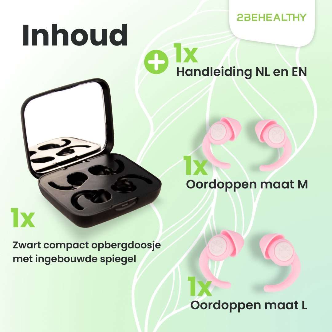 Contents of a package: earplugs in a case, a manual, and two pairs of earplugs.