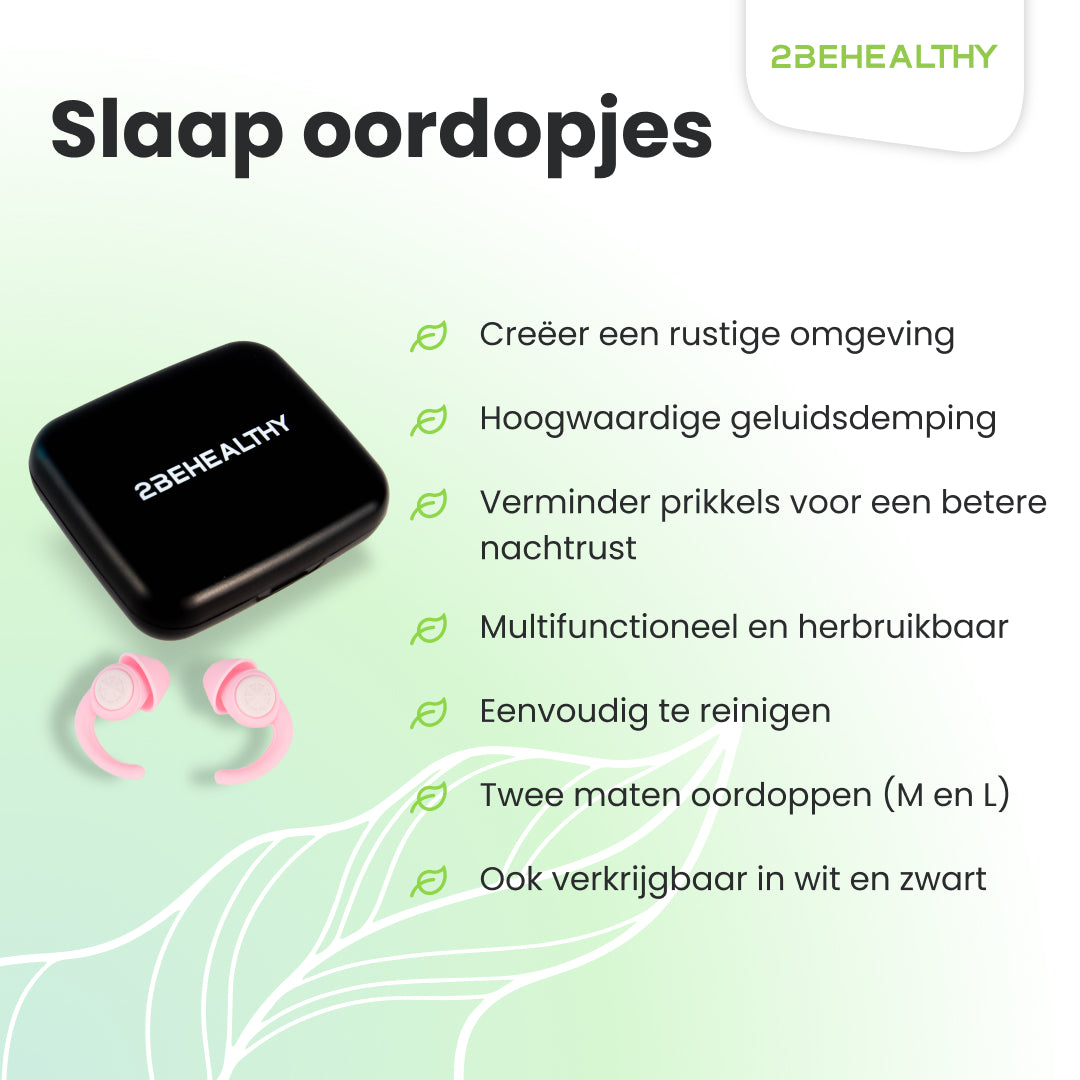 Black case and two pink earplugs. Text: Sleep earplugs, create a quiet environment, reduce irritants.