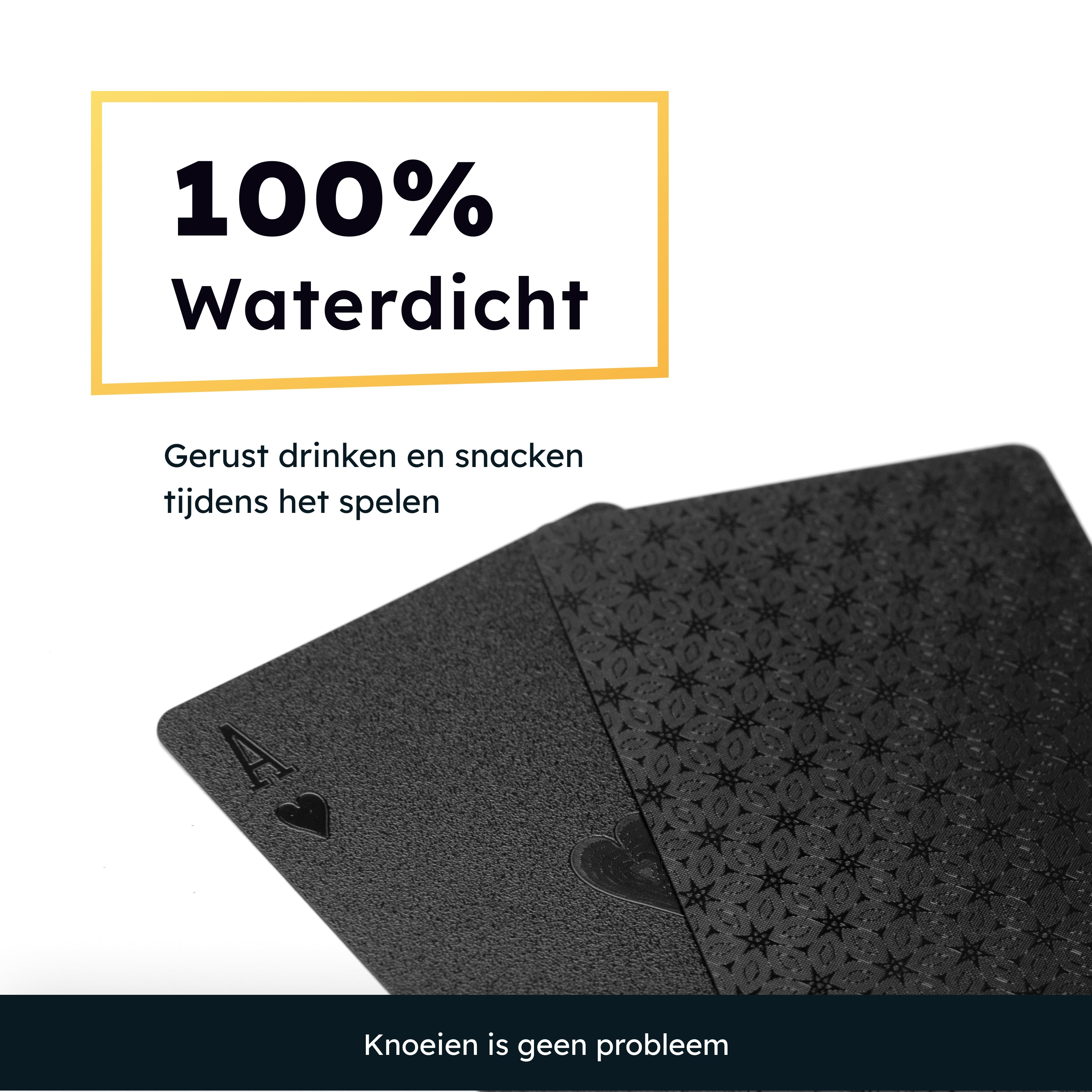 Black playing cards with the Ace of Spades visible and text about being waterproof.