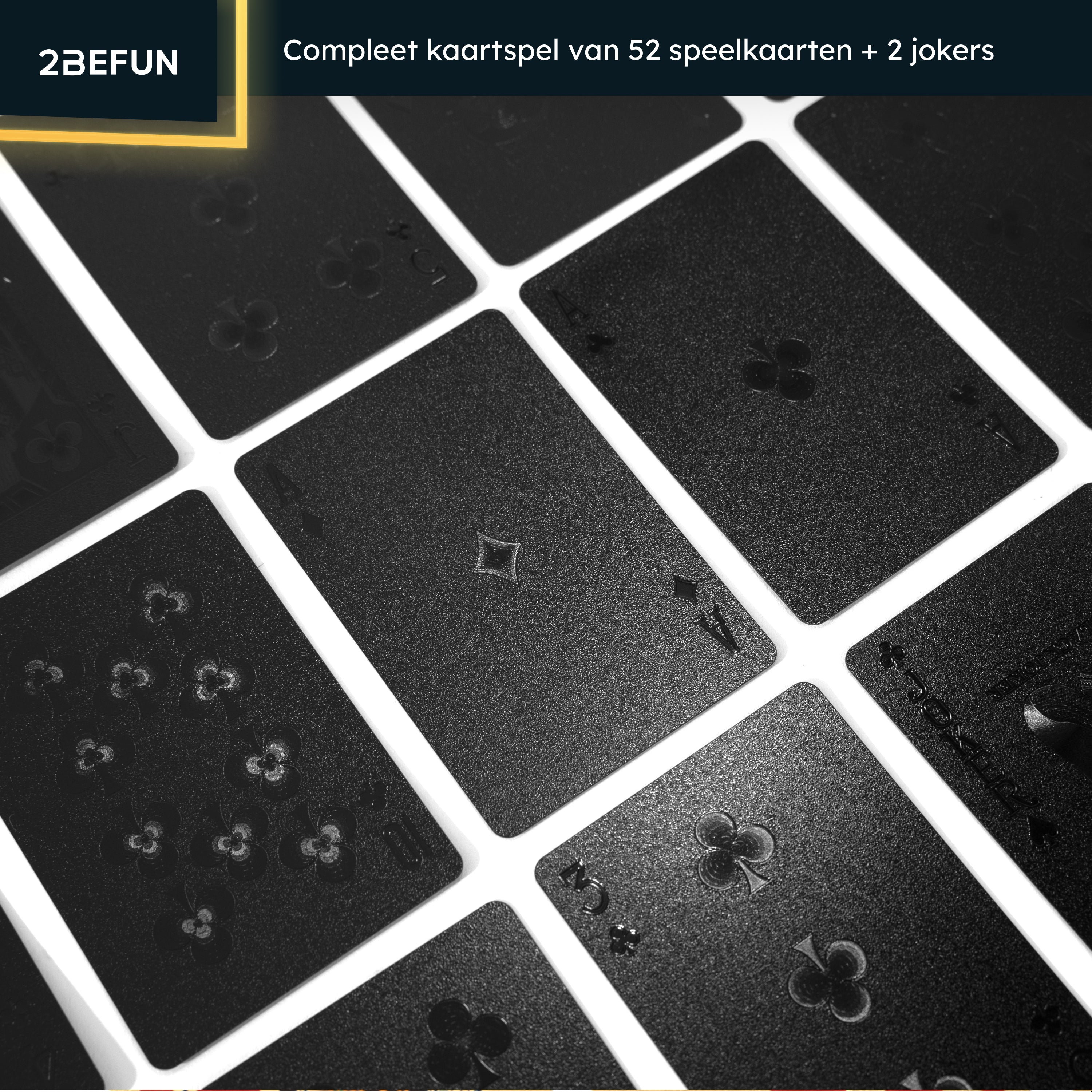 Playing cards, black cards with white details. 2BEFUN logo on the top left.