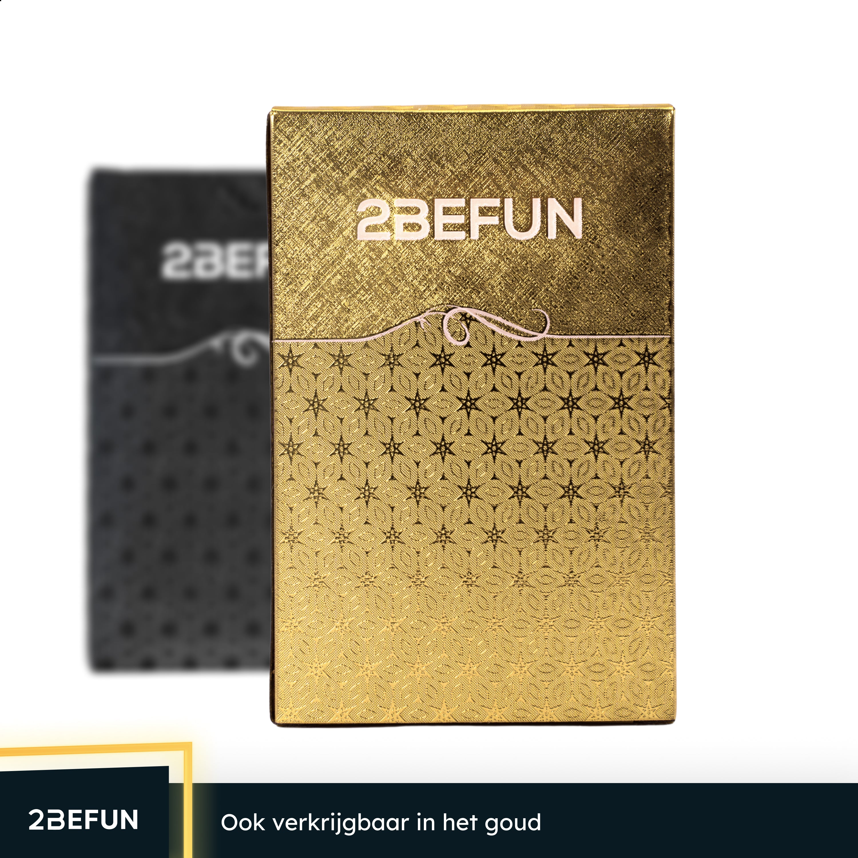Golden gift box with a textured surface. Another box is blurred in the background. Text: '2BEFUN'.