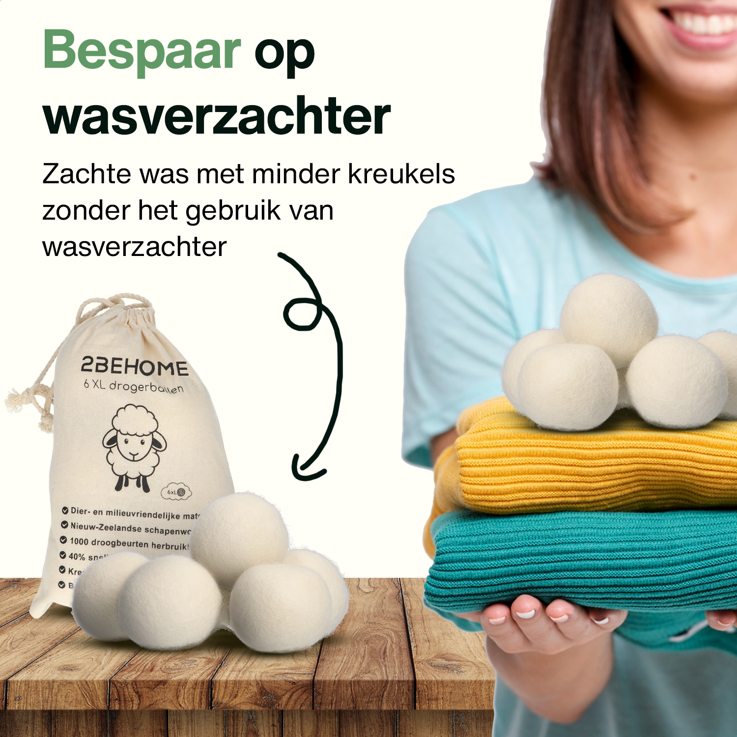 Laundry dryer balls with clothes and text: Save on fabric softener.