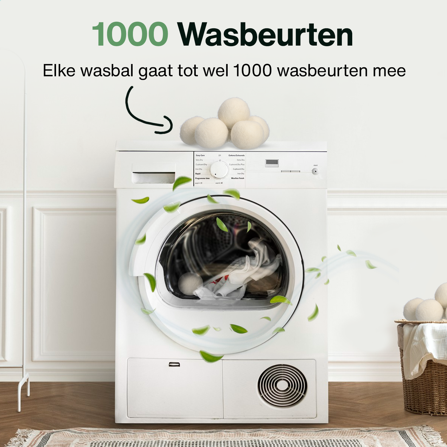 A white washing machine with laundry in the drum. Several white balls are above with an arrow pointing down.