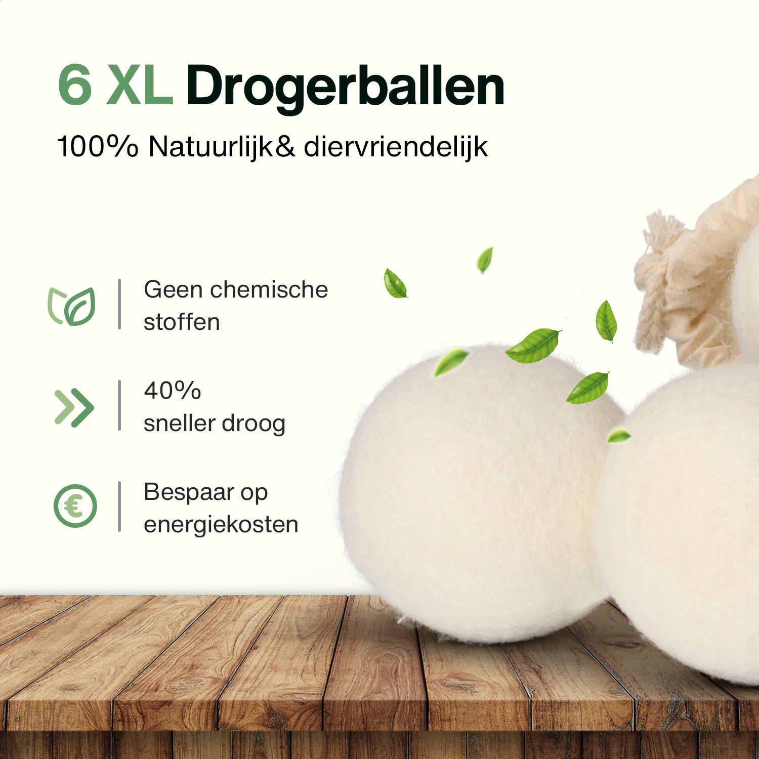 White dryer balls on a wooden surface. Text labels. Green leaves.