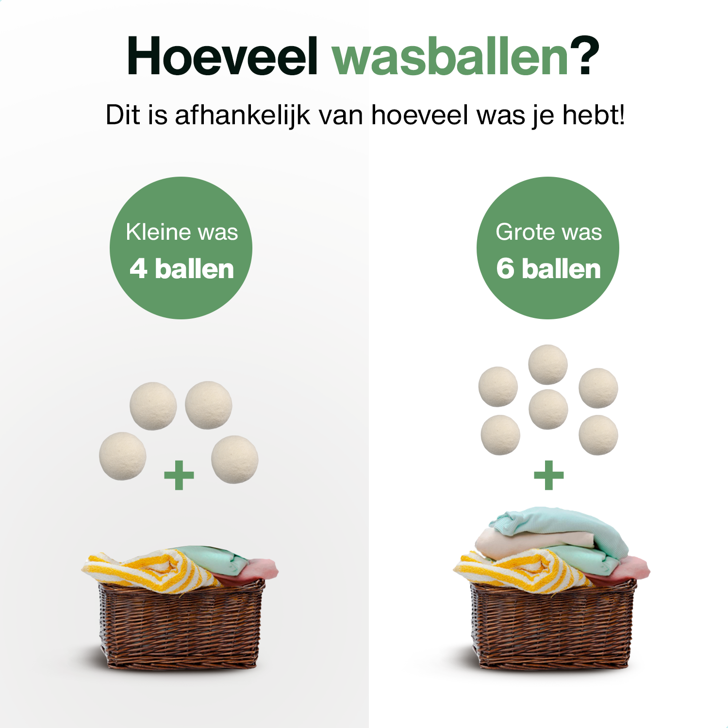 Two wicker baskets with laundry and laundry balls, with text indicating the amount.