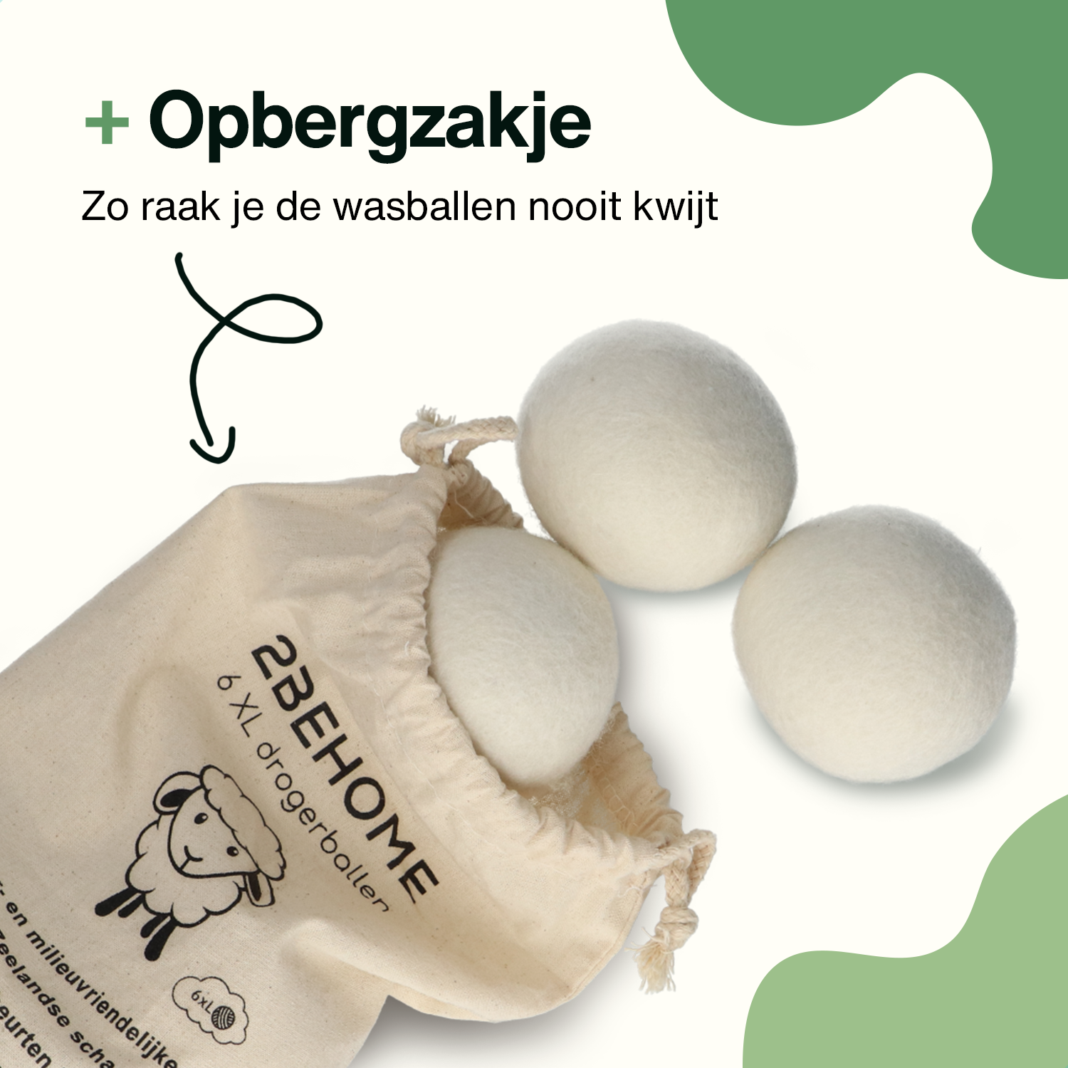 A bag with three white dryer balls, with text about the brand and product.