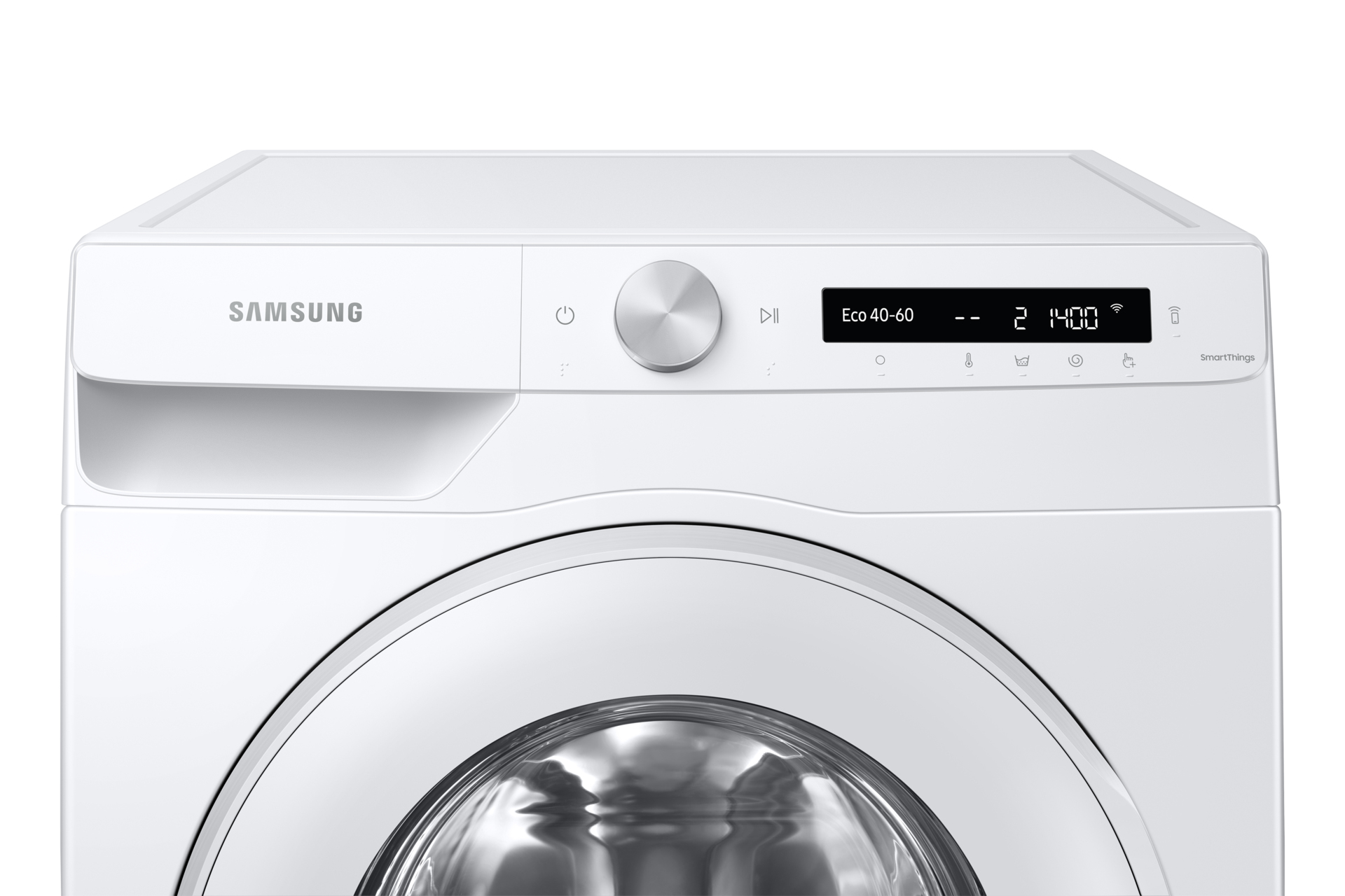 Pannello di controllo di una lavatrice bianca. Ha un quadrante, un display e diversi pulsanti. Logo Samsung.