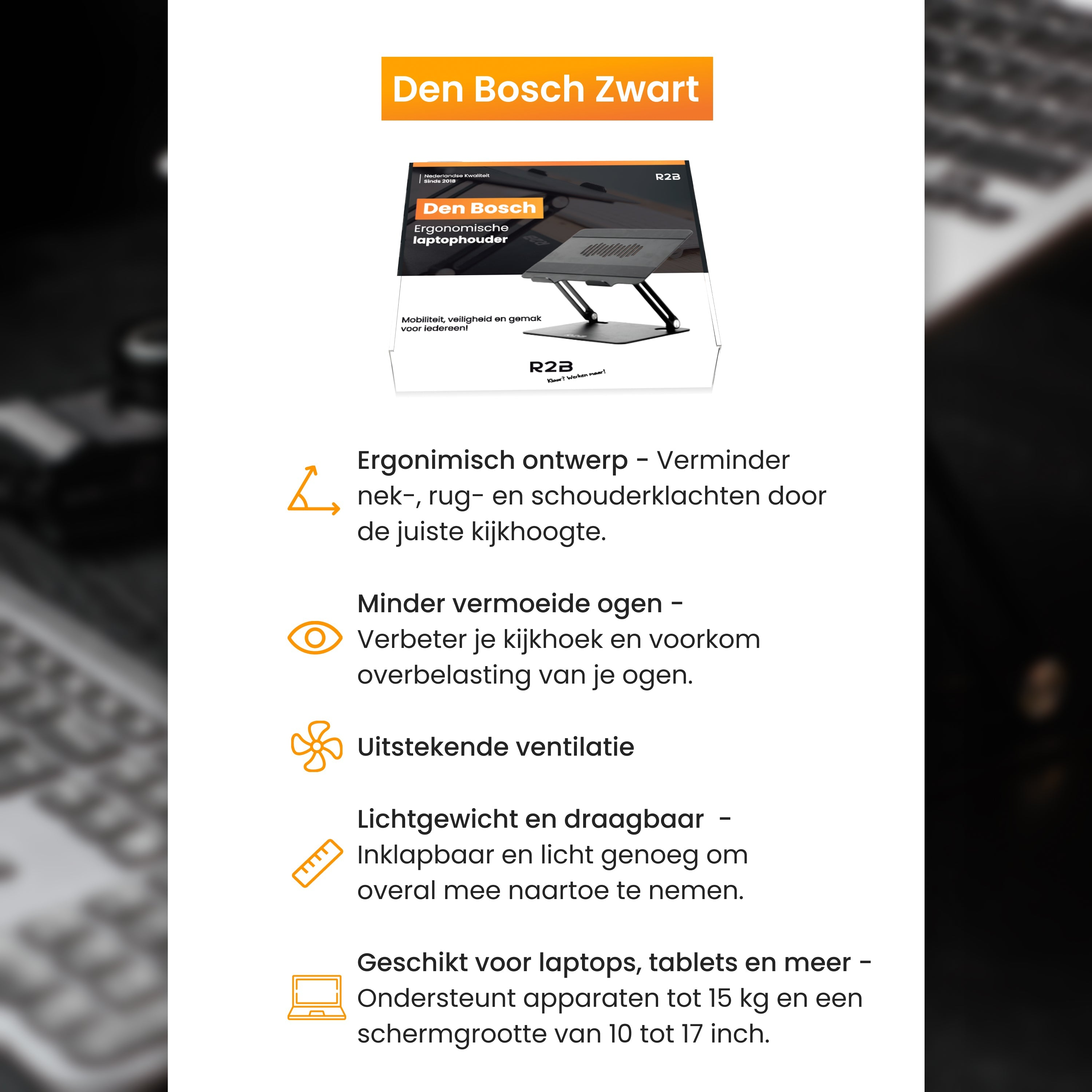Een laptopstandaard met tekst. De standaard helpt bij nek-, oog- en rugbelasting.
