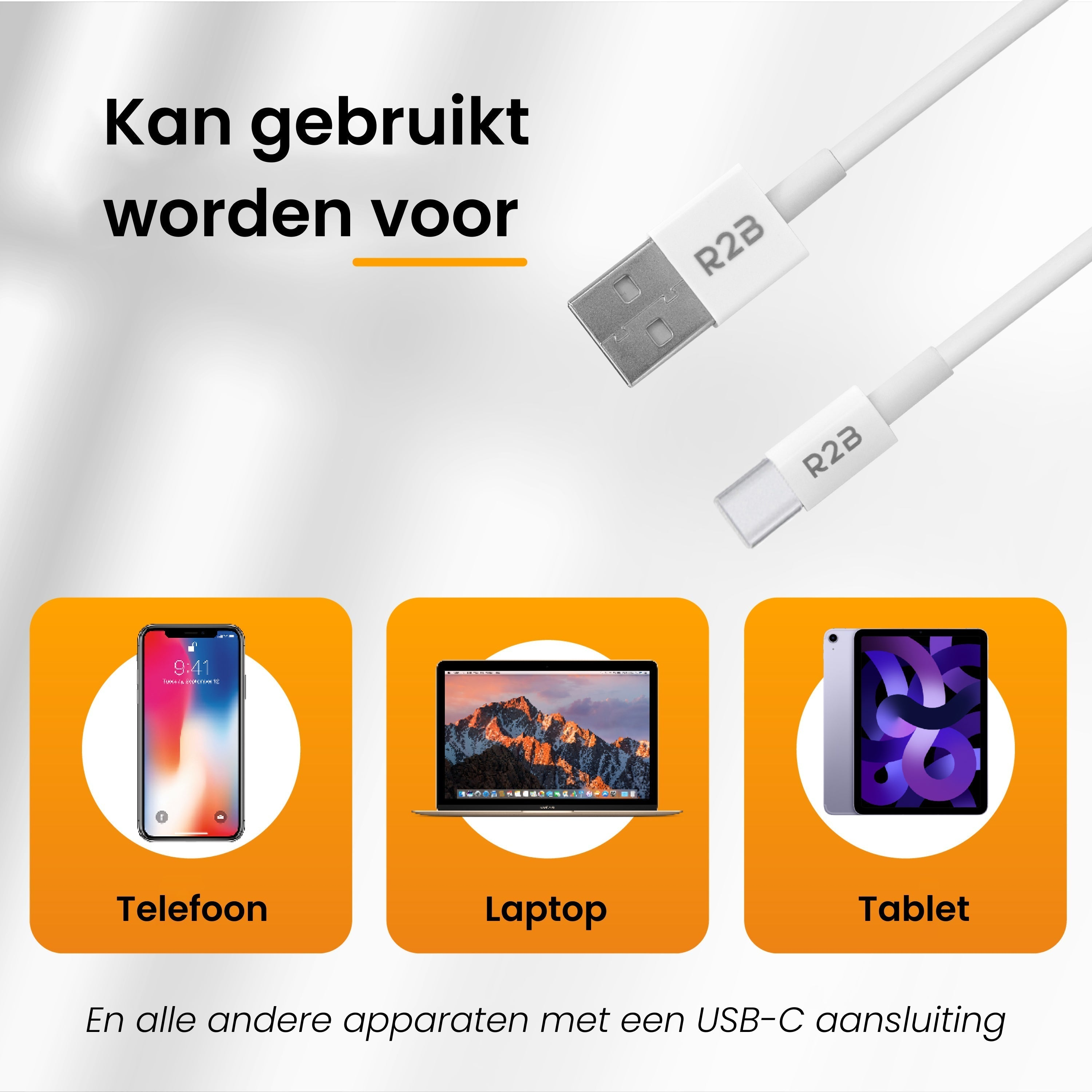 Graphics show a phone, laptop, and tablet connected to a white USB cable. Text: 'Can be used for'.