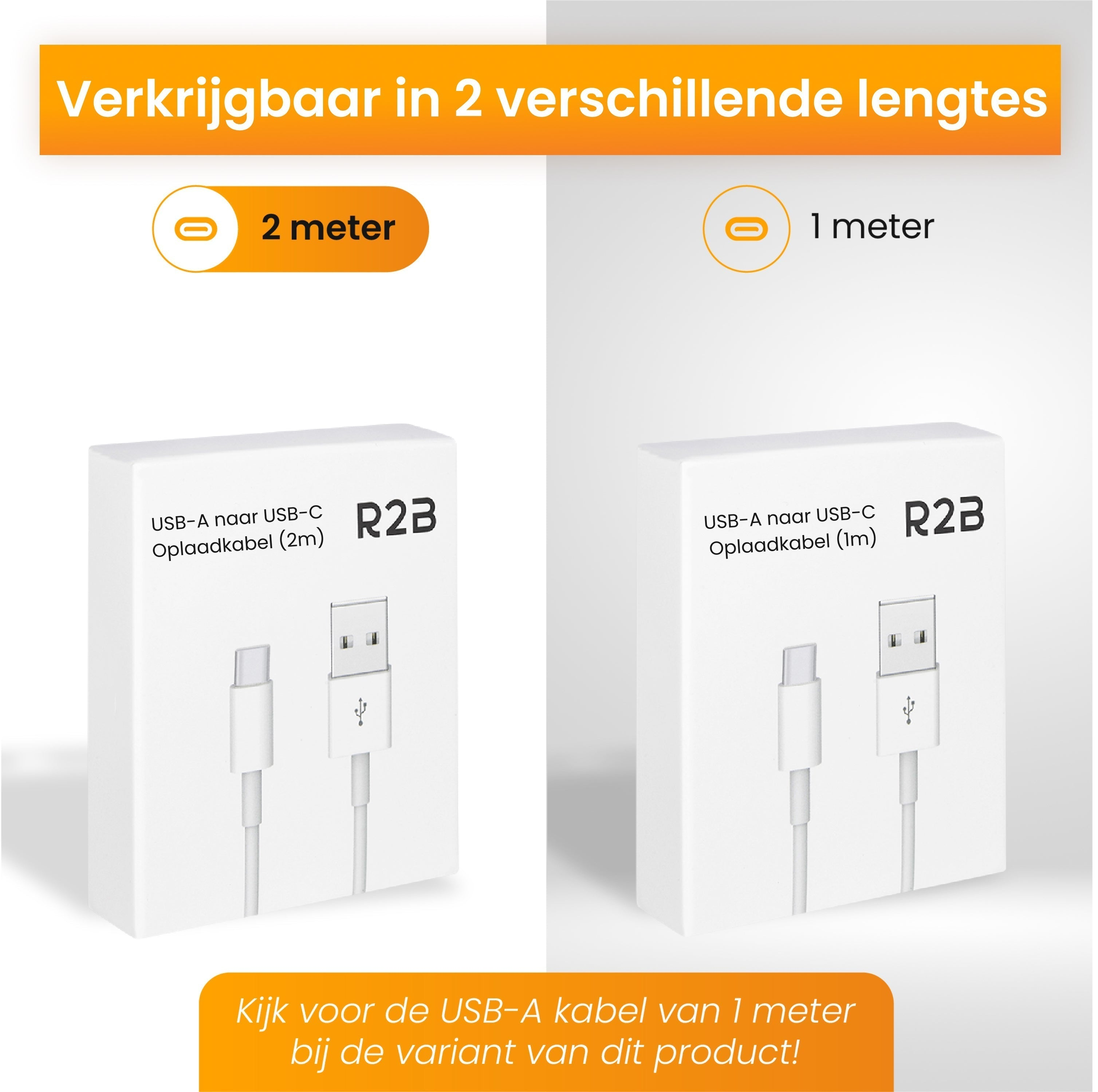Two white boxes with USB-C cables. One is 2 meters, the other is 1 meter. Text says available in 2 lengths.