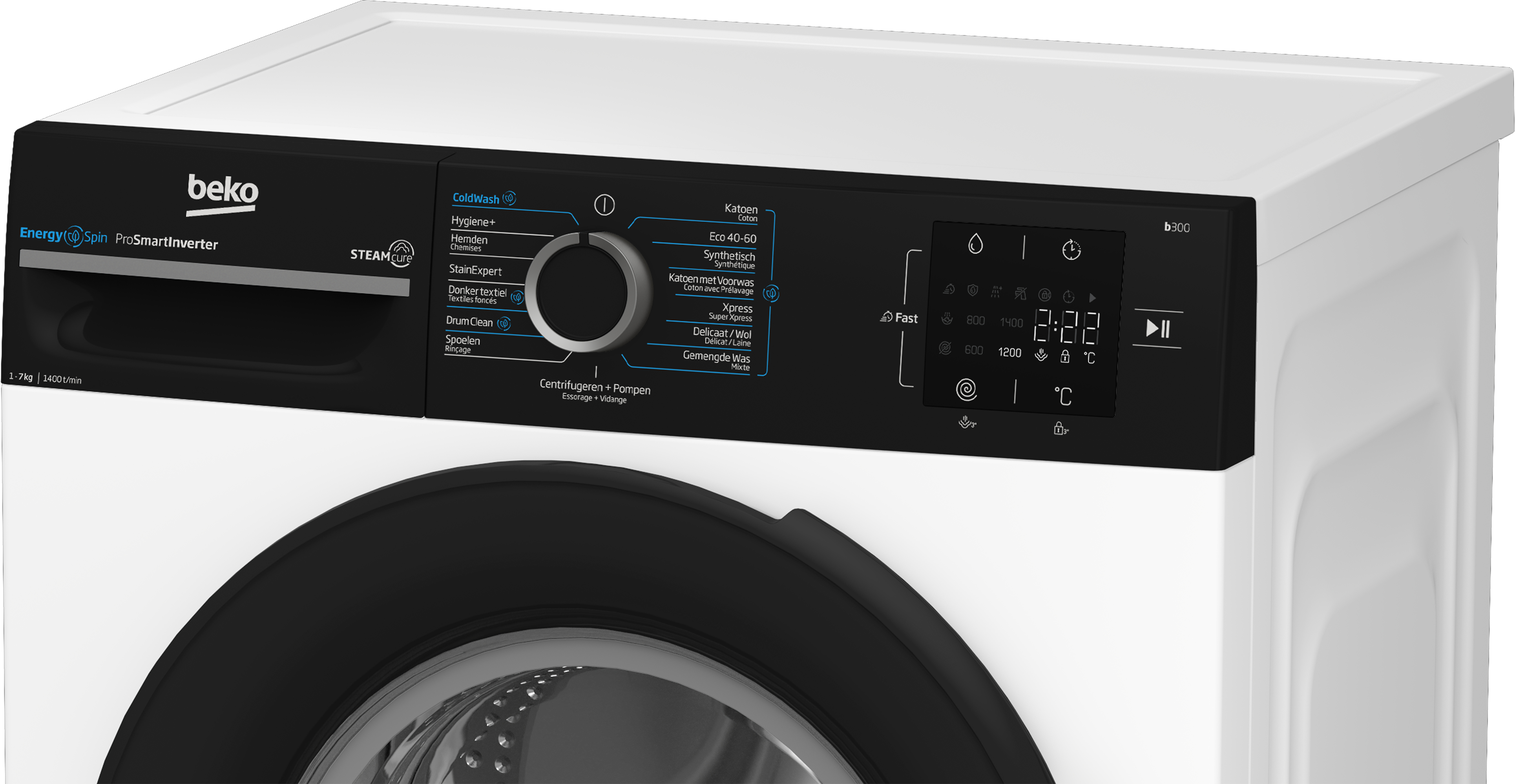 Primo piano del pannello di controllo di una lavatrice bianca, con vari pulsanti e un display digitale.