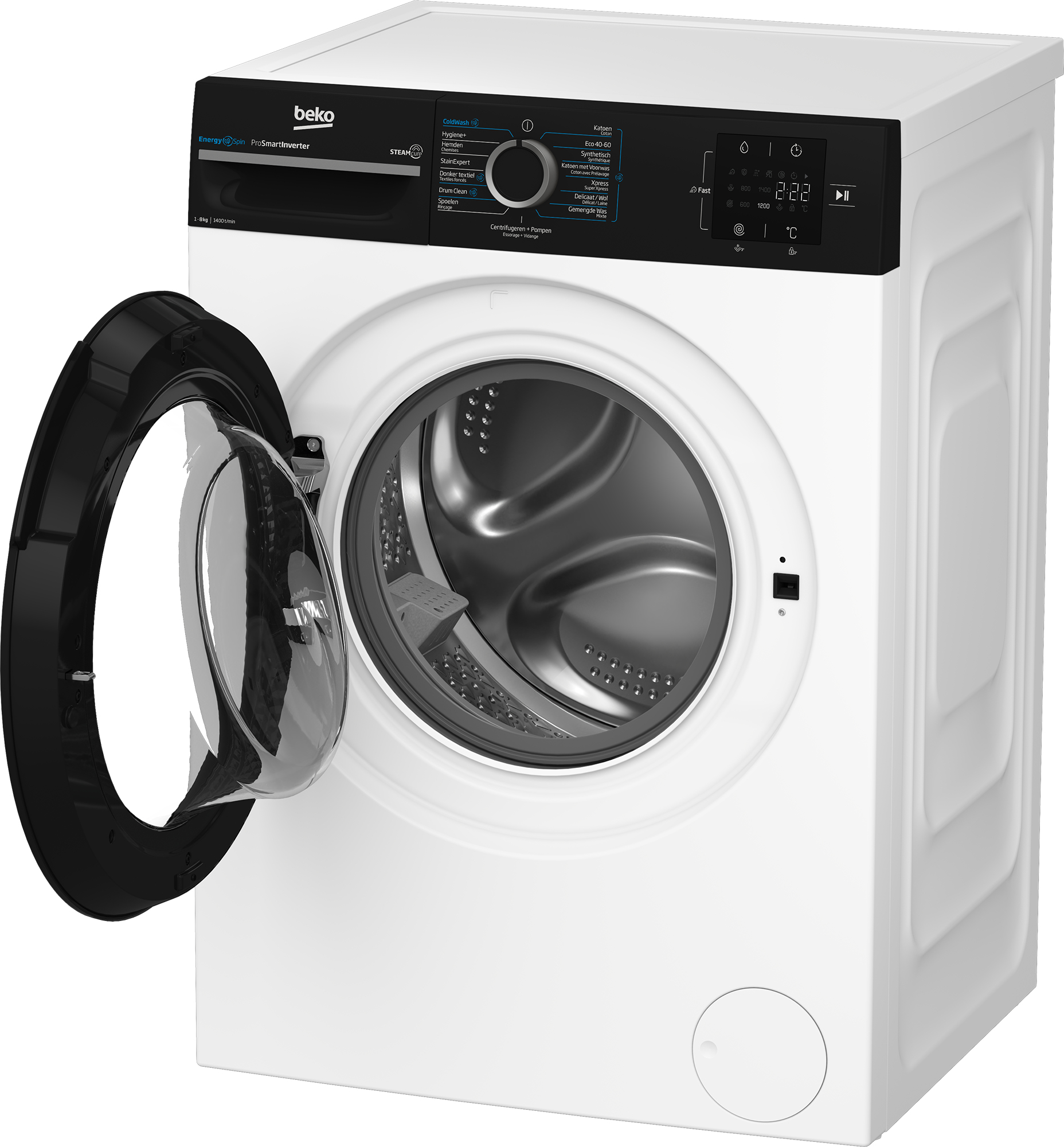 Lavatrice bianca con porta nera aperta. Pannello di controllo con display e pulsanti visibili.