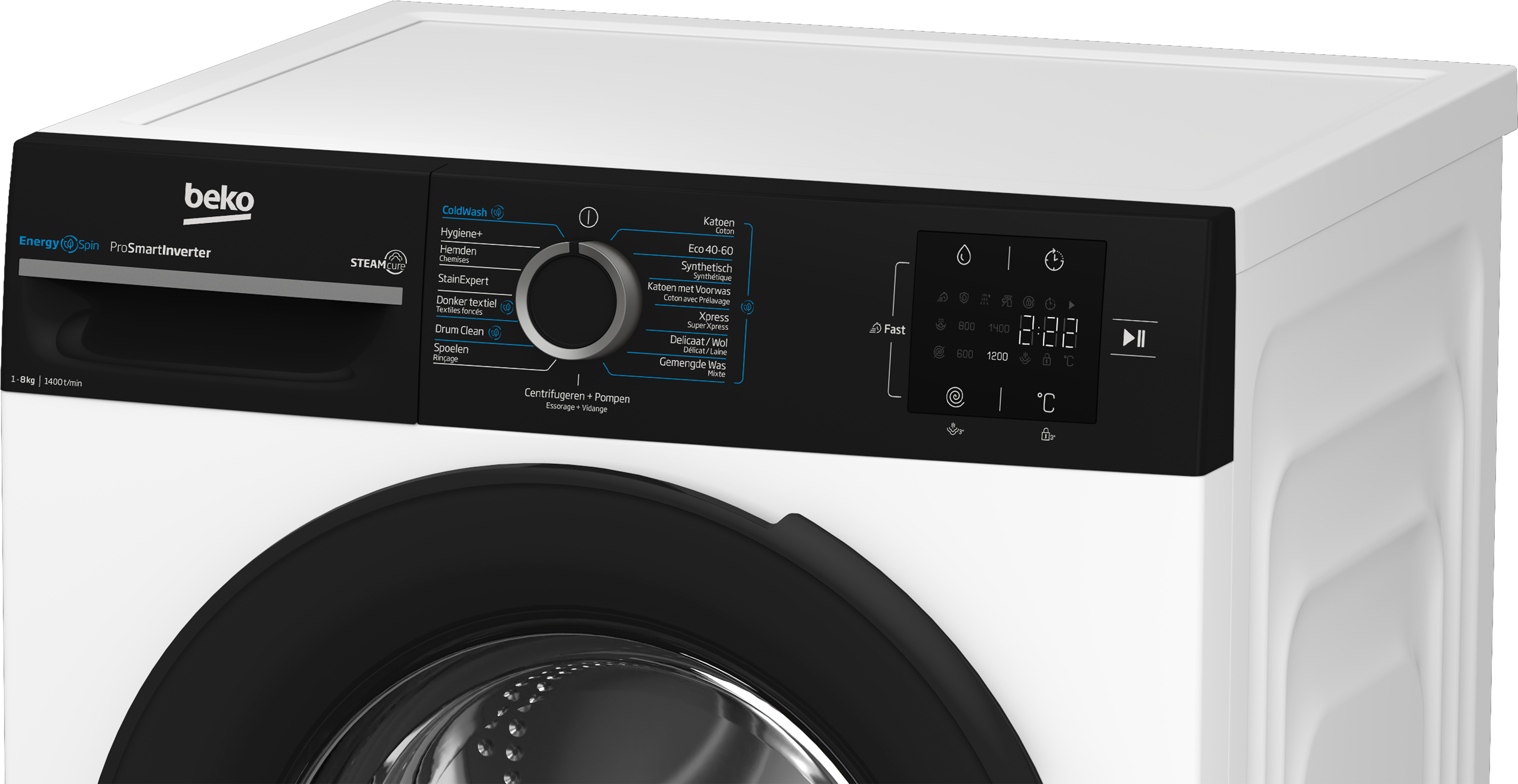 La parte frontale di una lavatrice Beko bianca, che mostra il pannello di controllo con display e pulsanti.