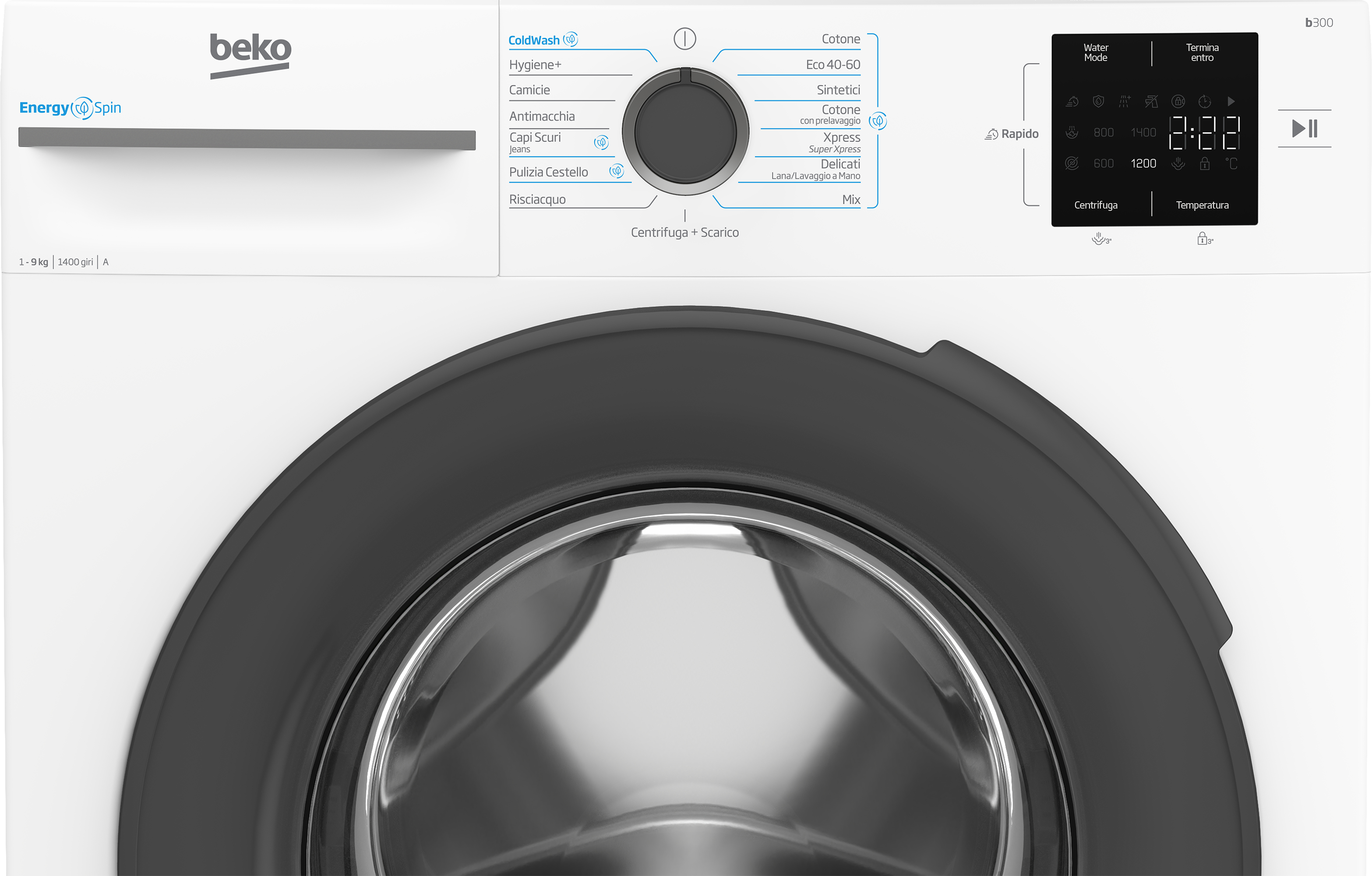 Primo piano di una lavatrice Beko bianca. Ha un pannello di controllo e una porta nera chiusa.