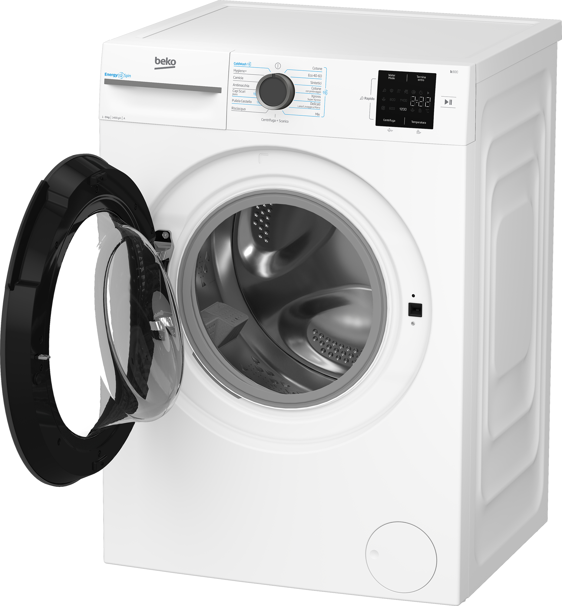 Lavatrice Beko bianca con porta nera aperta. Pannello display visibile.