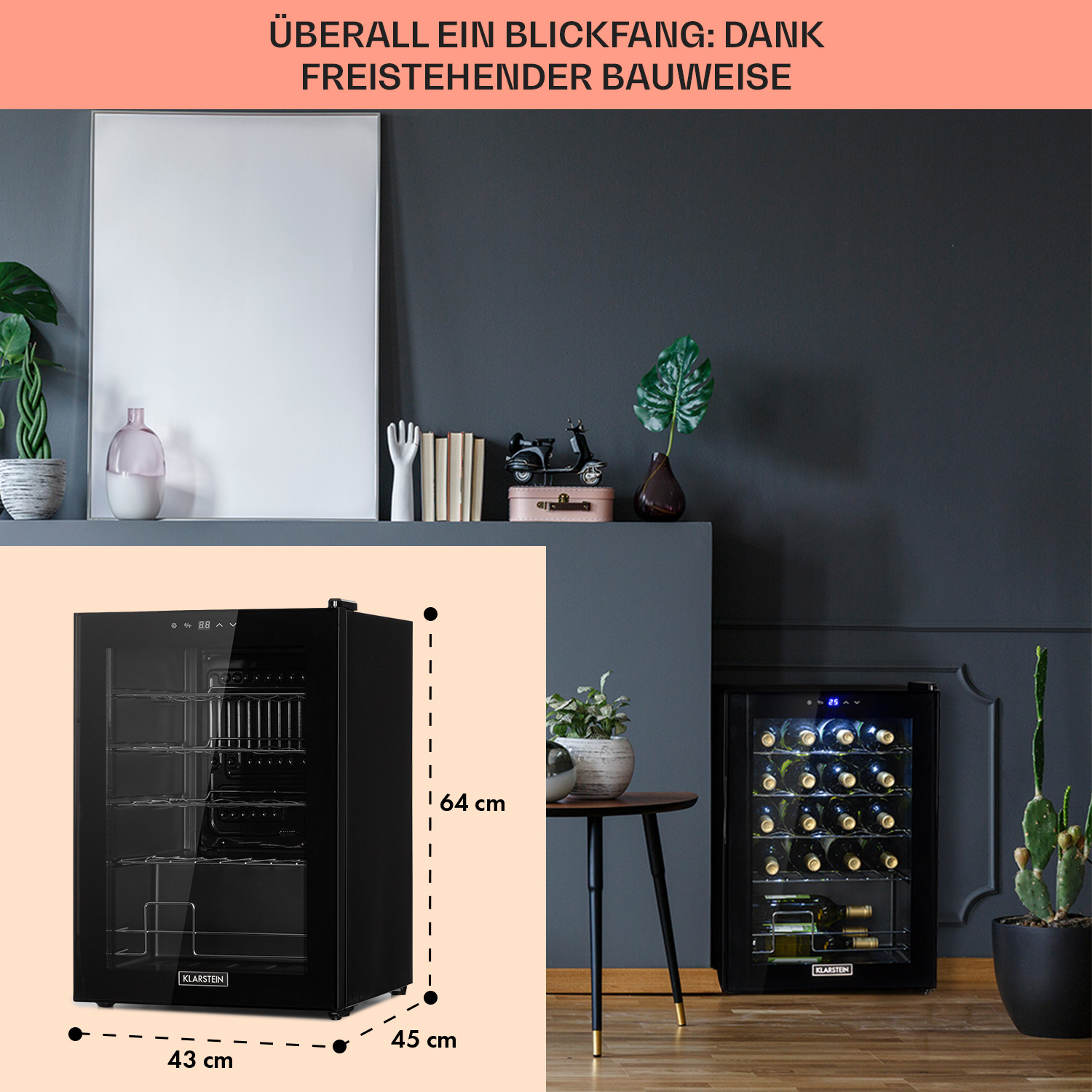 Vengono esposti due mini refrigeratori per vino neri, uno aperto, che mostra le bottiglie. Le dimensioni sono visualizzate.