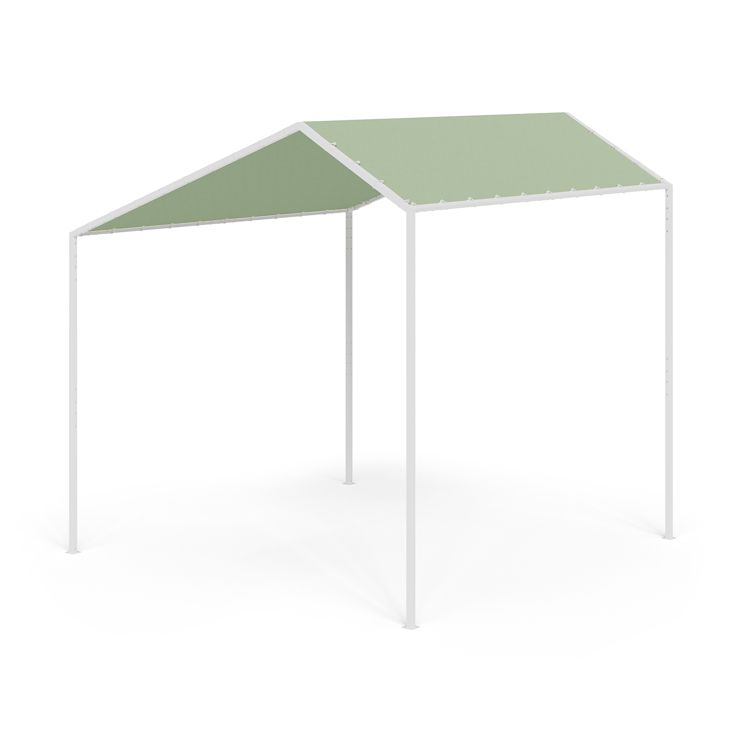 Struttura di tenda verde e bianca con tetto spiovente, sostenuta da pali bianchi, su sfondo bianco.