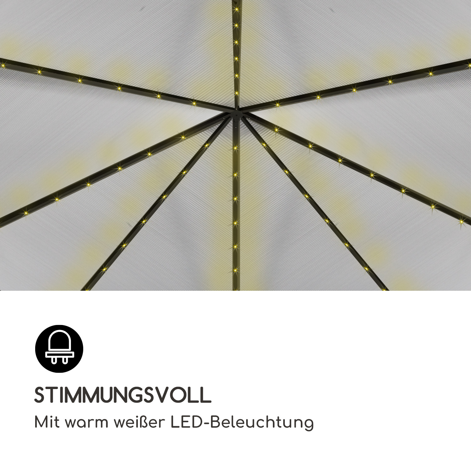 Ansicht von innen eines Pavillondachs mit warmweißen LED-Leuchten.