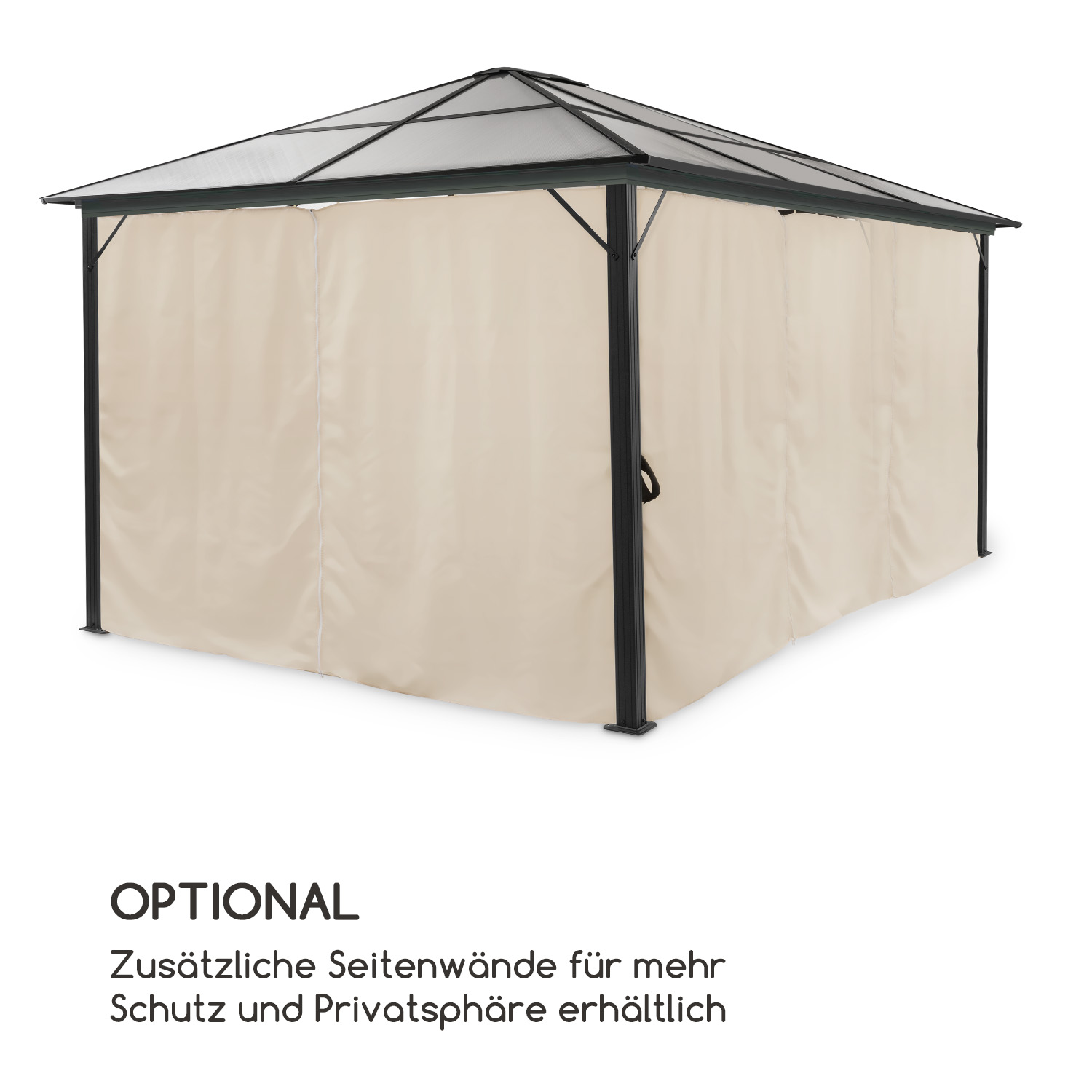 Ein schwarzer und klarer Pavillon mit Vorhängen. Text unten: "OPTIONAL" und deutscher Text über Seitenwände.