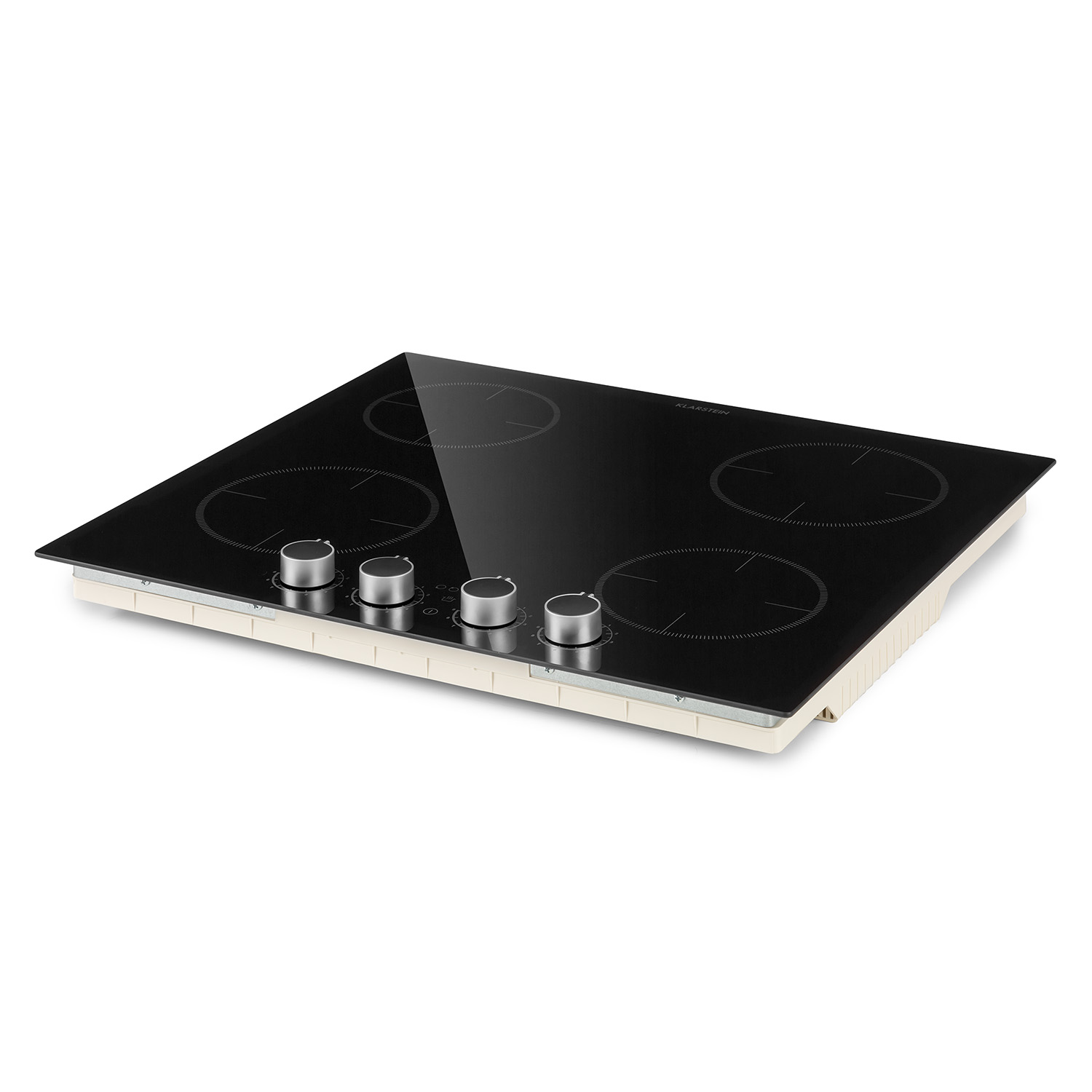 Encimera de cocina de cristal negro con cuatro quemadores y mandos plateados. Fondo blanco.