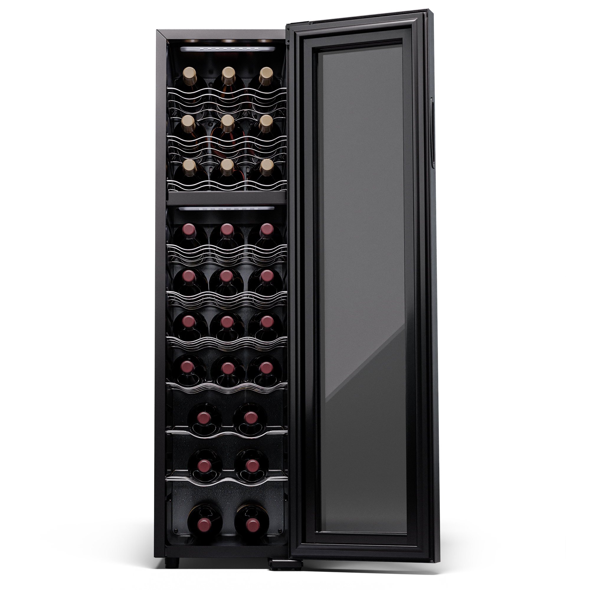 Una cantinetta vino nera con bottiglie all'interno e la porta aperta.